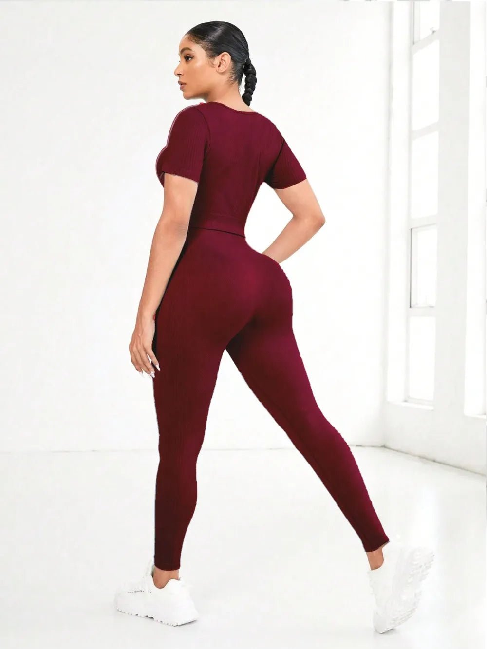 Round Neck Short Sleeve Top and Leggings Active Set - MAD RUFFI
