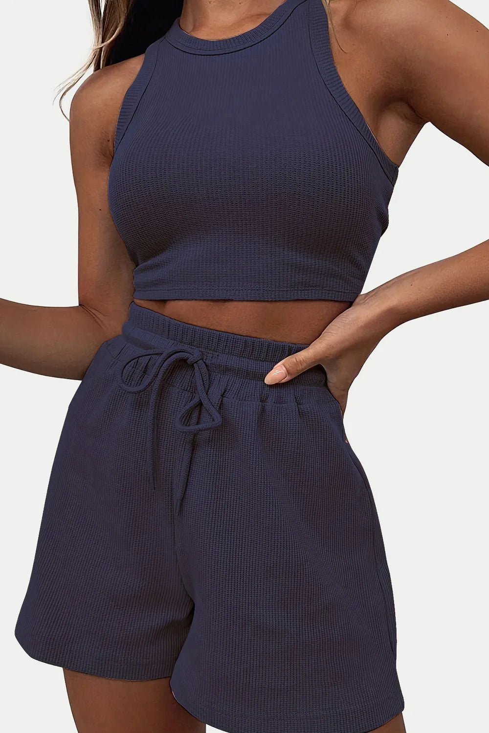 Round Neck Top and Drawstring Shorts Set - MAD RUFFI