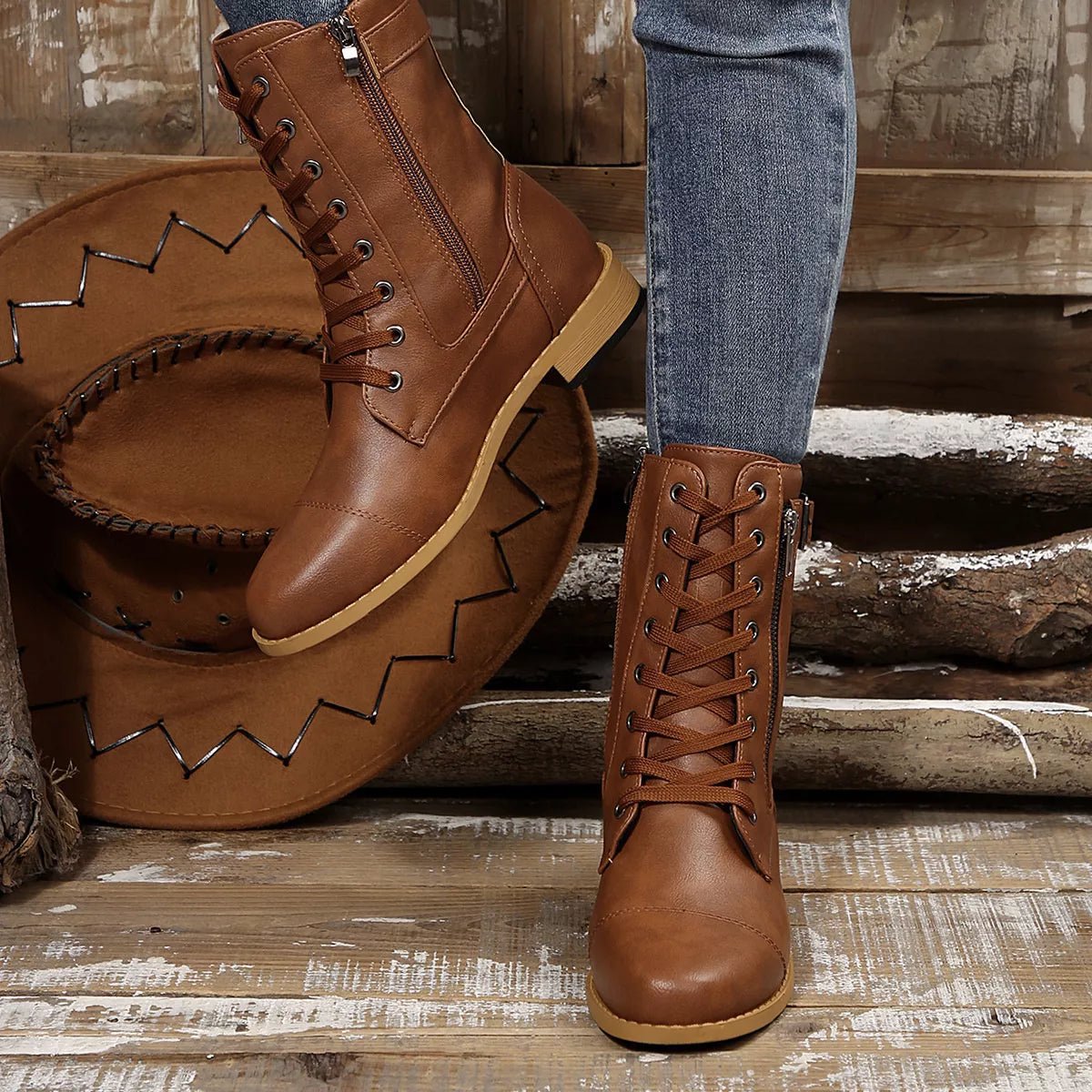 Round Toe Block Heels Boots - MAD RUFFI