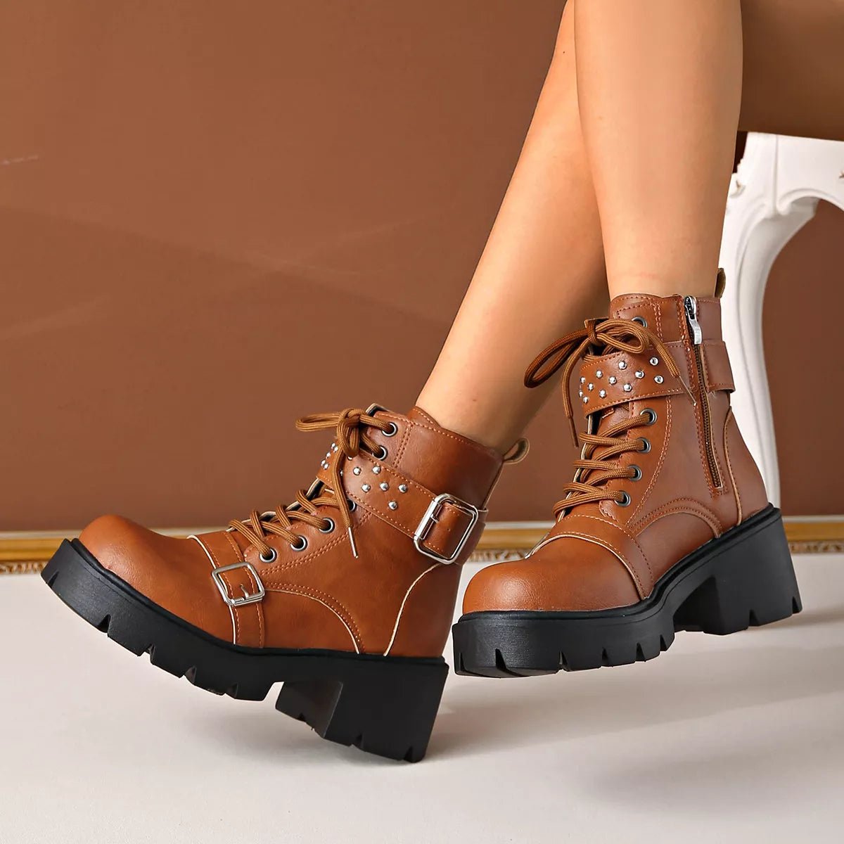 Round Toe Block Heels Boots - MAD RUFFI