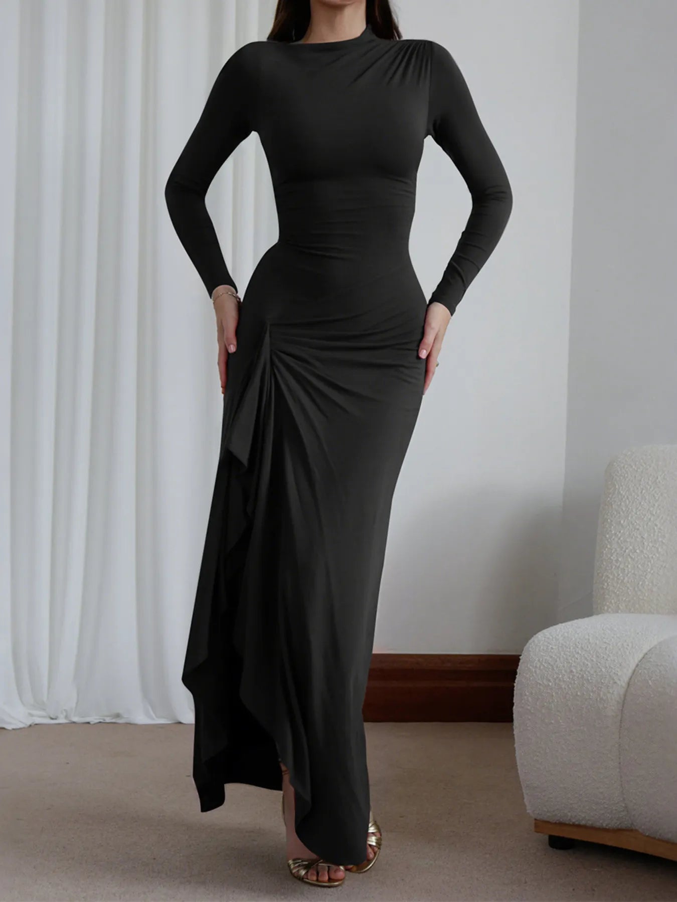 Ruched Long Sleeve Maxi Dress - MAD RUFFI