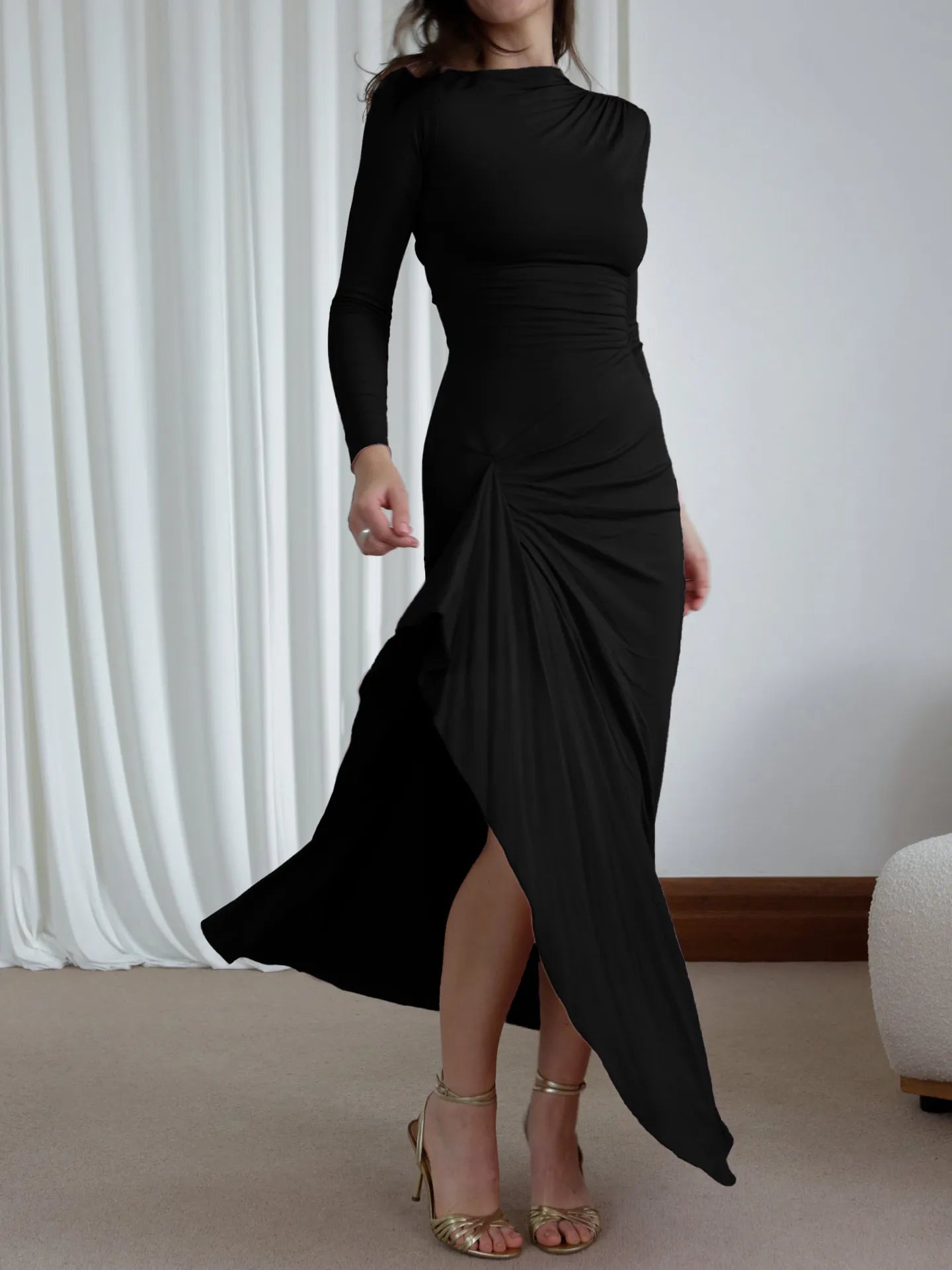 Ruched Long Sleeve Maxi Dress - MAD RUFFI