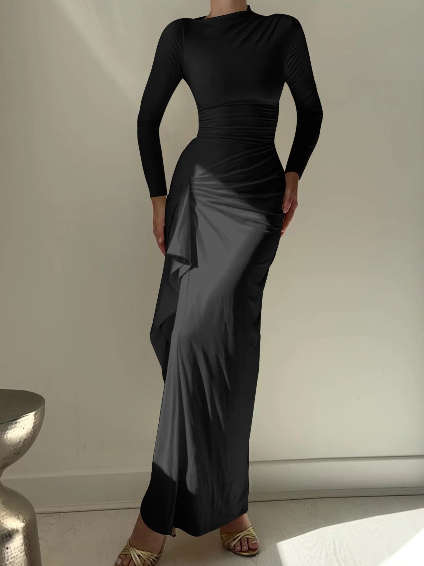 Ruched Long Sleeve Maxi Dress - MAD RUFFI