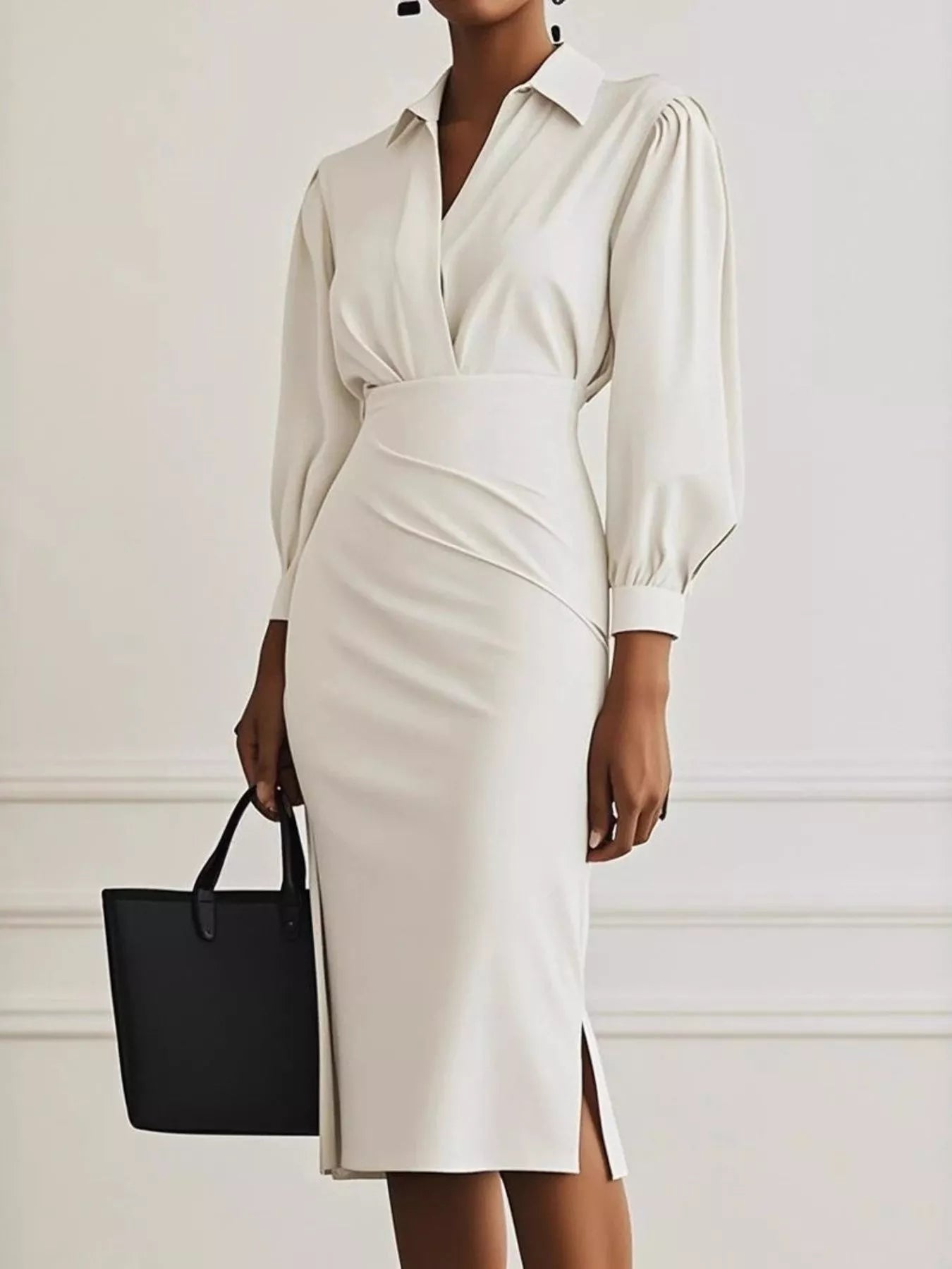 Ruched Midi Shirt Dress with Side Slit - MAD RUFFI