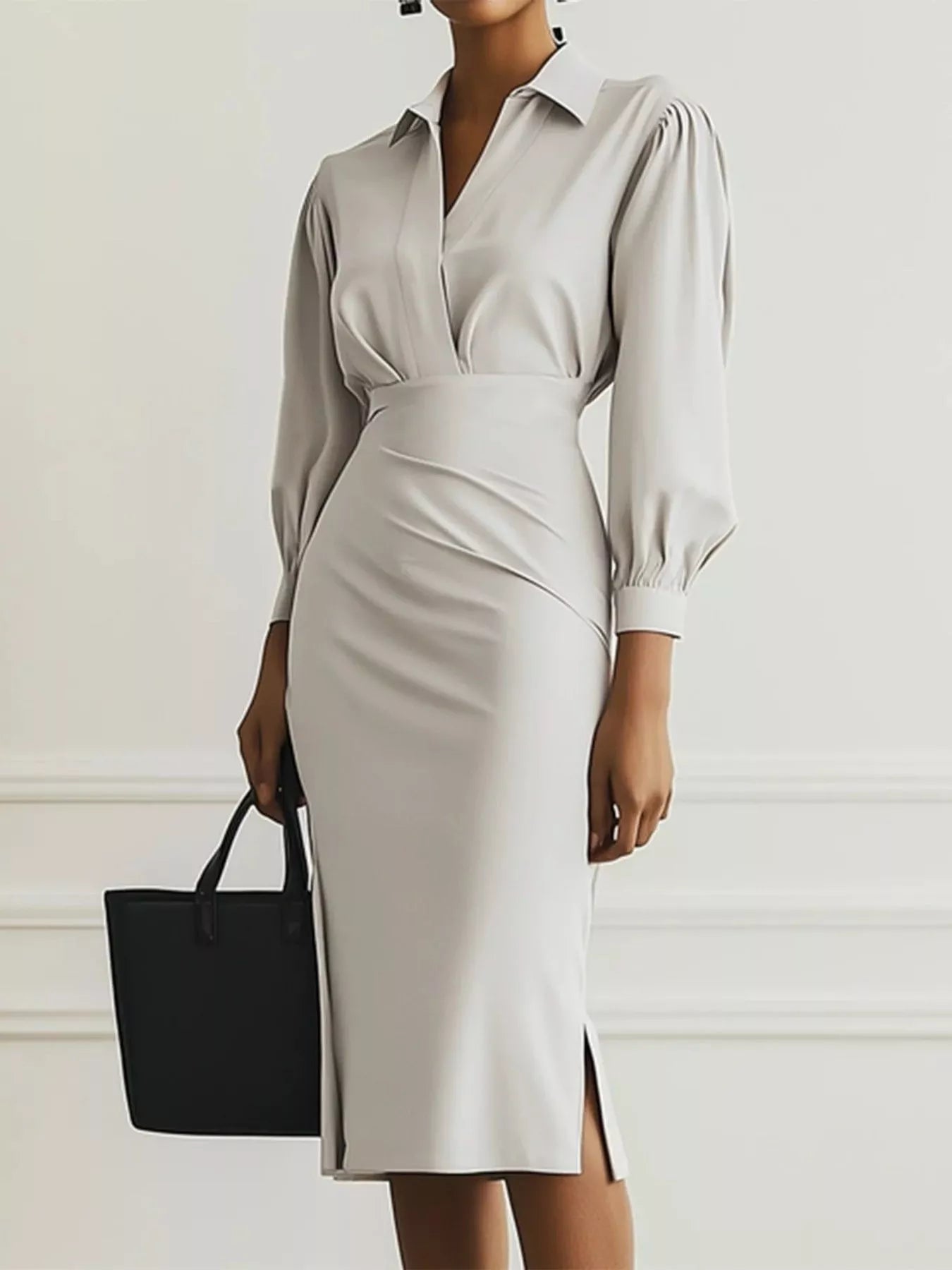 Ruched Midi Shirt Dress with Side Slit - MAD RUFFI