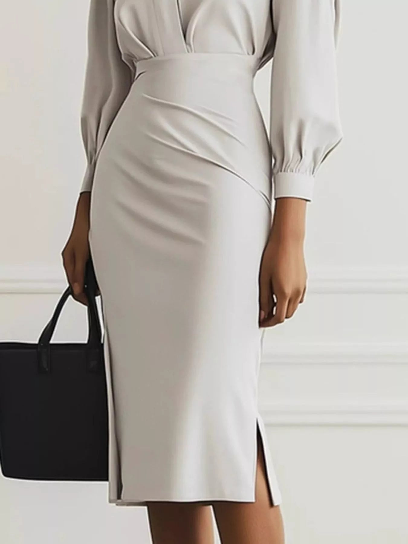 Ruched Midi Shirt Dress with Side Slit - MAD RUFFI