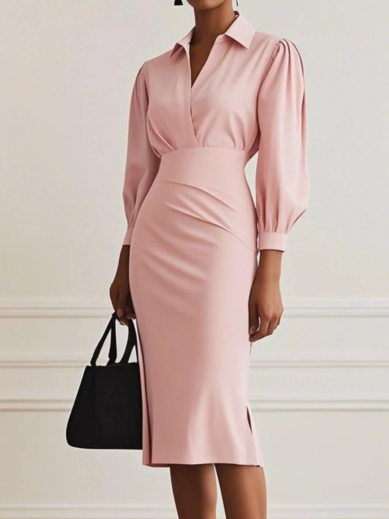 Ruched Midi Shirt Dress with Side Slit - MAD RUFFI