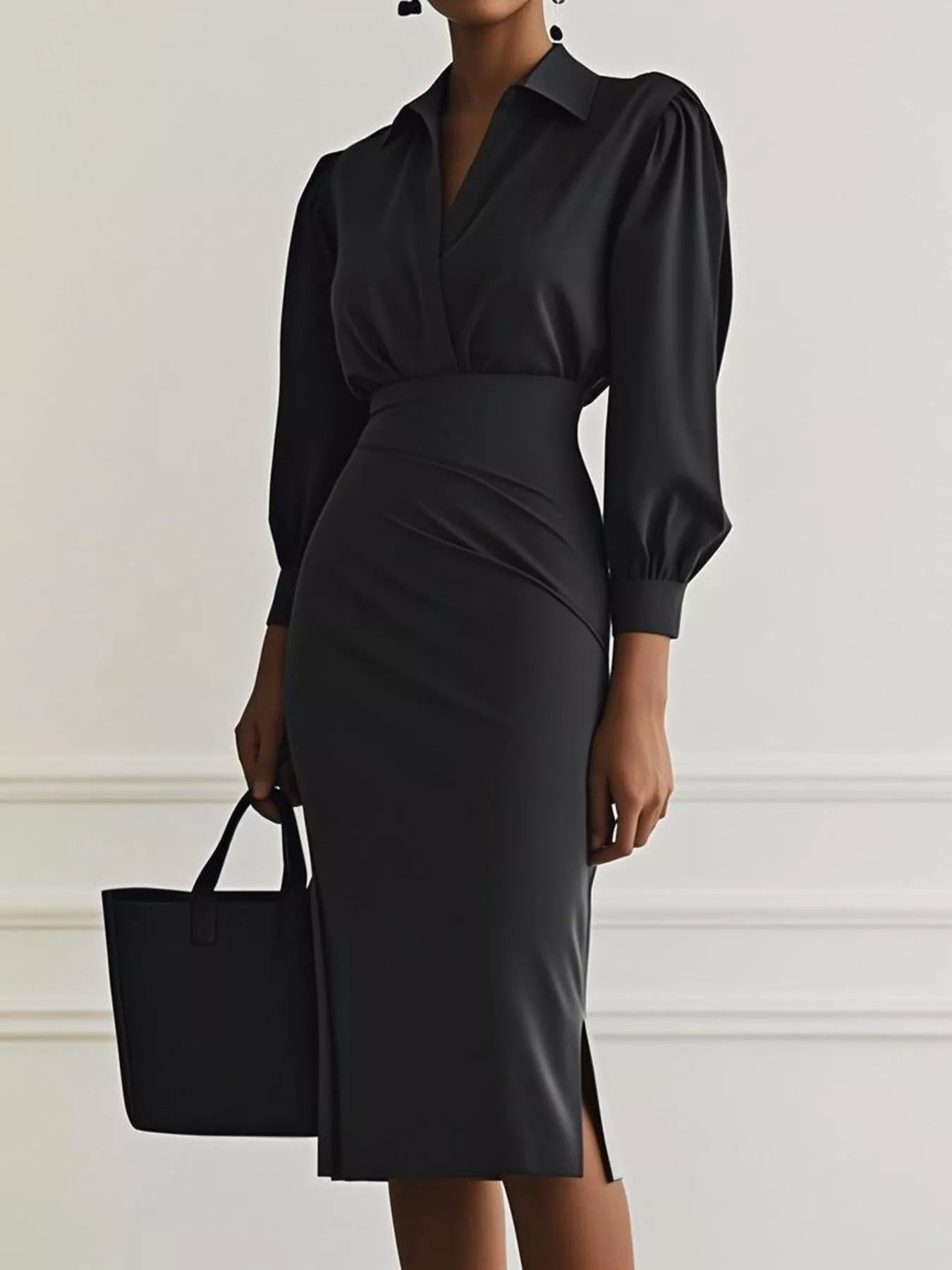 Ruched Midi Shirt Dress with Side Slit - MAD RUFFI