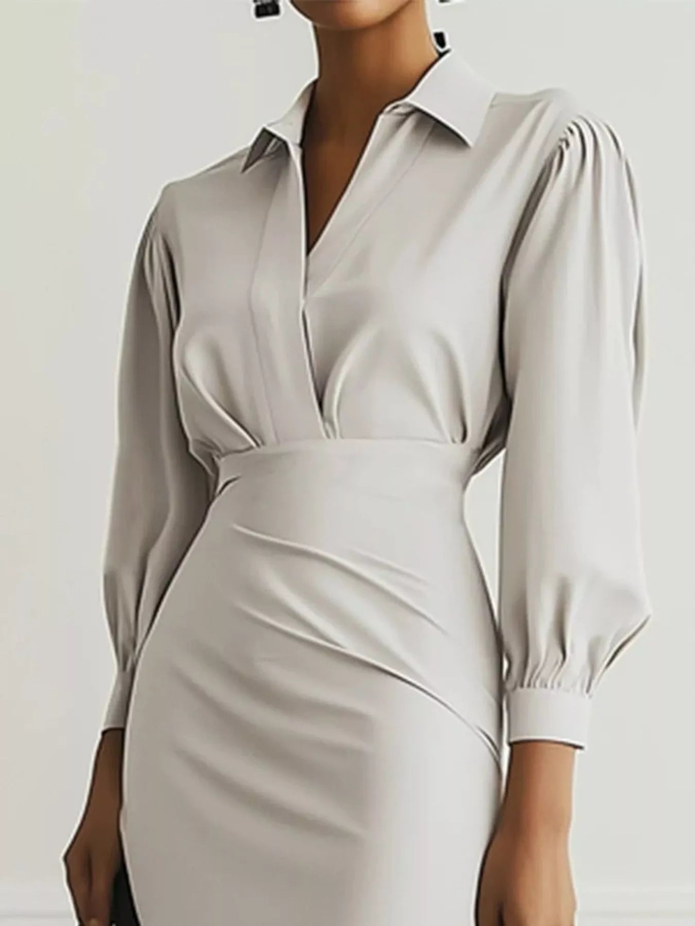 Ruched Midi Shirt Dress with Side Slit - MAD RUFFI