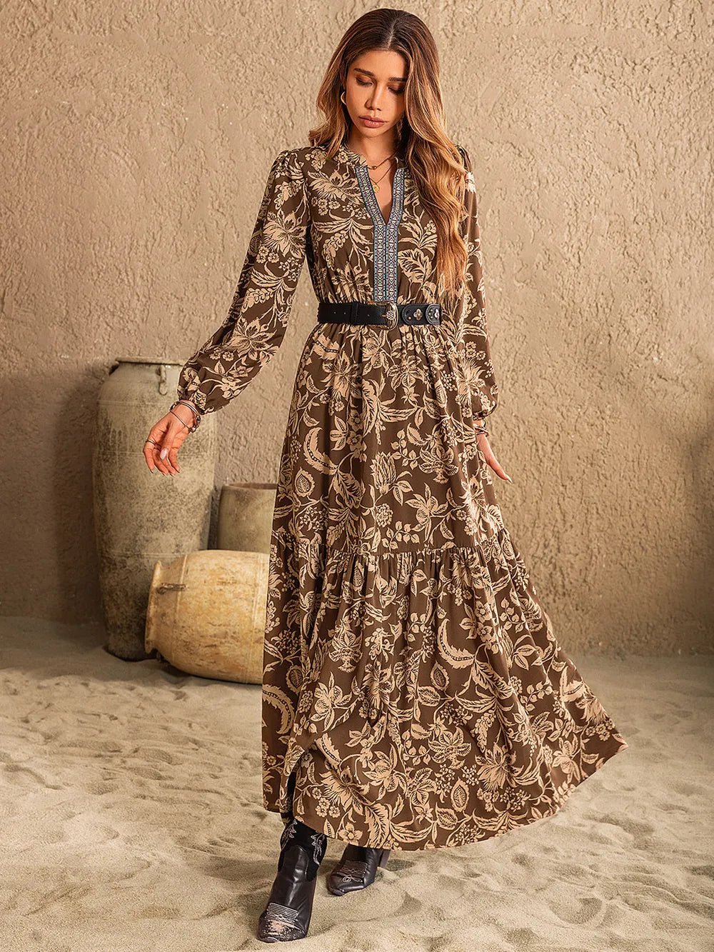 Ruched Printed Notched Long Sleeve Maxi Dress - MAD RUFFI