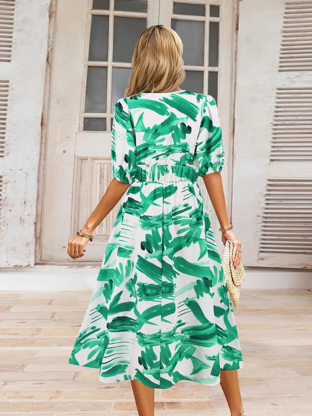 Ruched Printed Surplice Short Sleeve Dress - MAD RUFFI