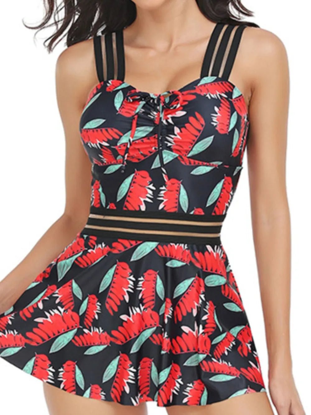 Ruched Printed Sweetheart Neck Two - Piece Swim Set - MAD RUFFI