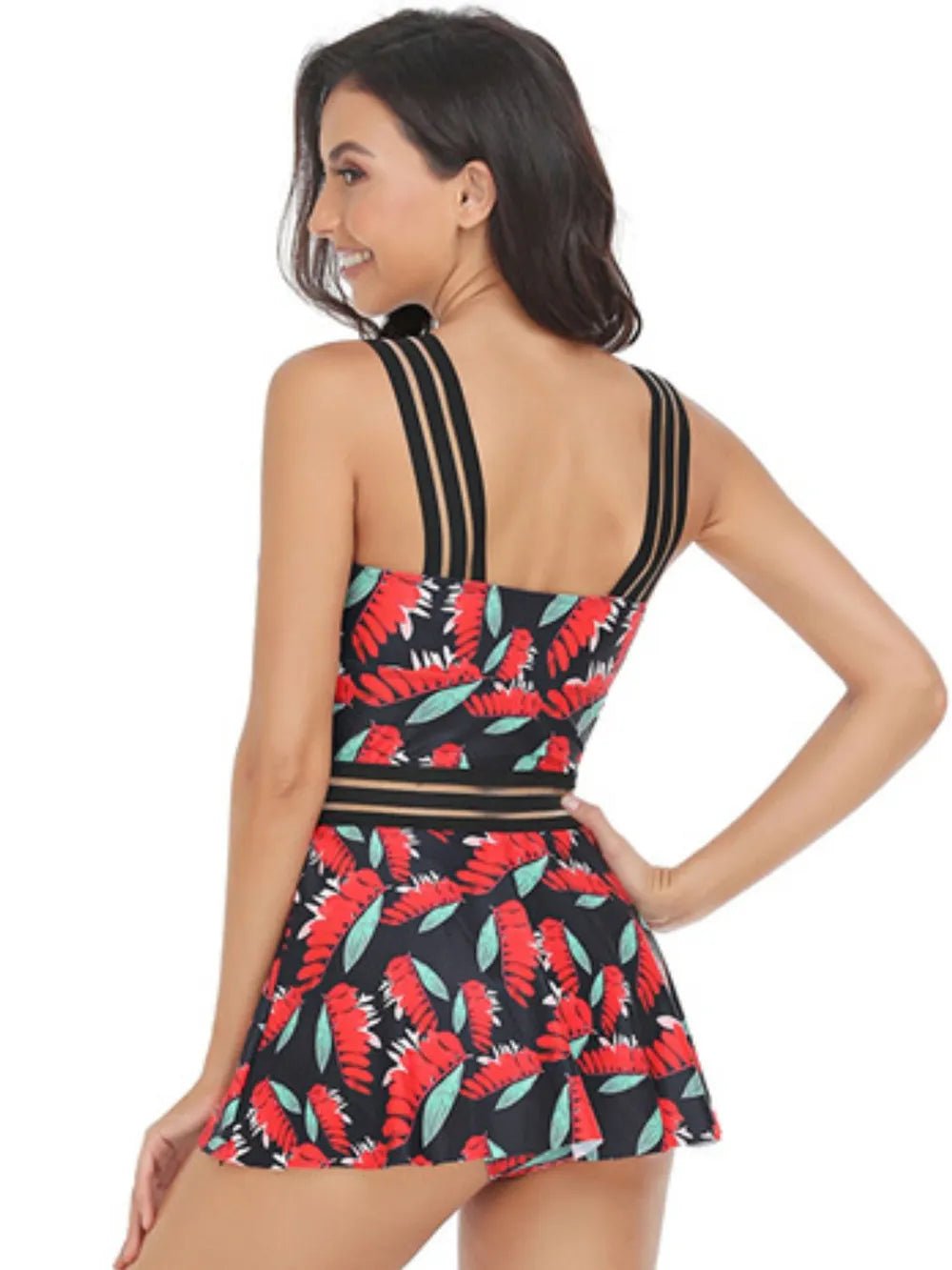 Ruched Printed Sweetheart Neck Two - Piece Swim Set - MAD RUFFI
