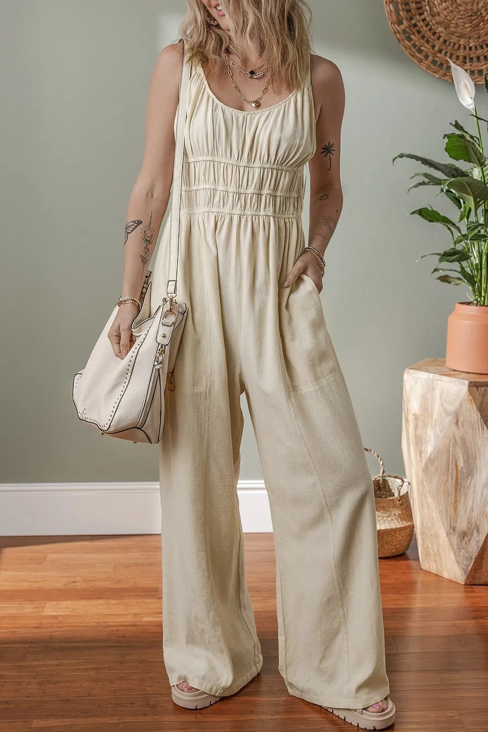 Ruched Sleeveless Wide Leg Jumpsuit - MAD RUFFI