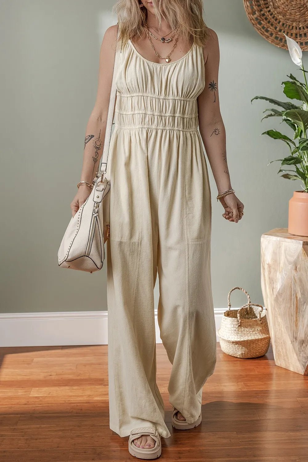 Ruched Sleeveless Wide Leg Jumpsuit - MAD RUFFI
