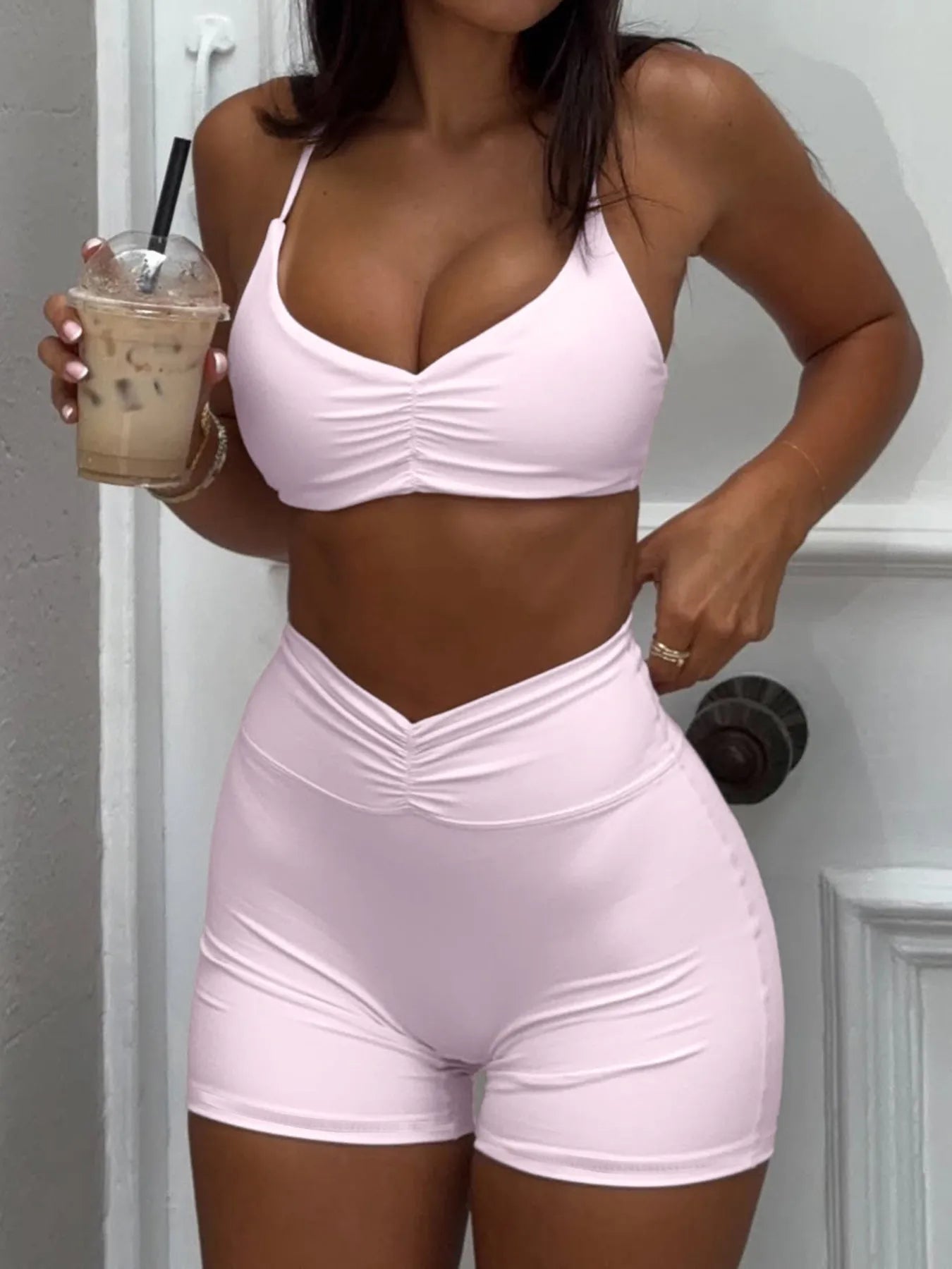 Ruched Sports Bra and High - Waisted Shorts Active Set - MAD RUFFI