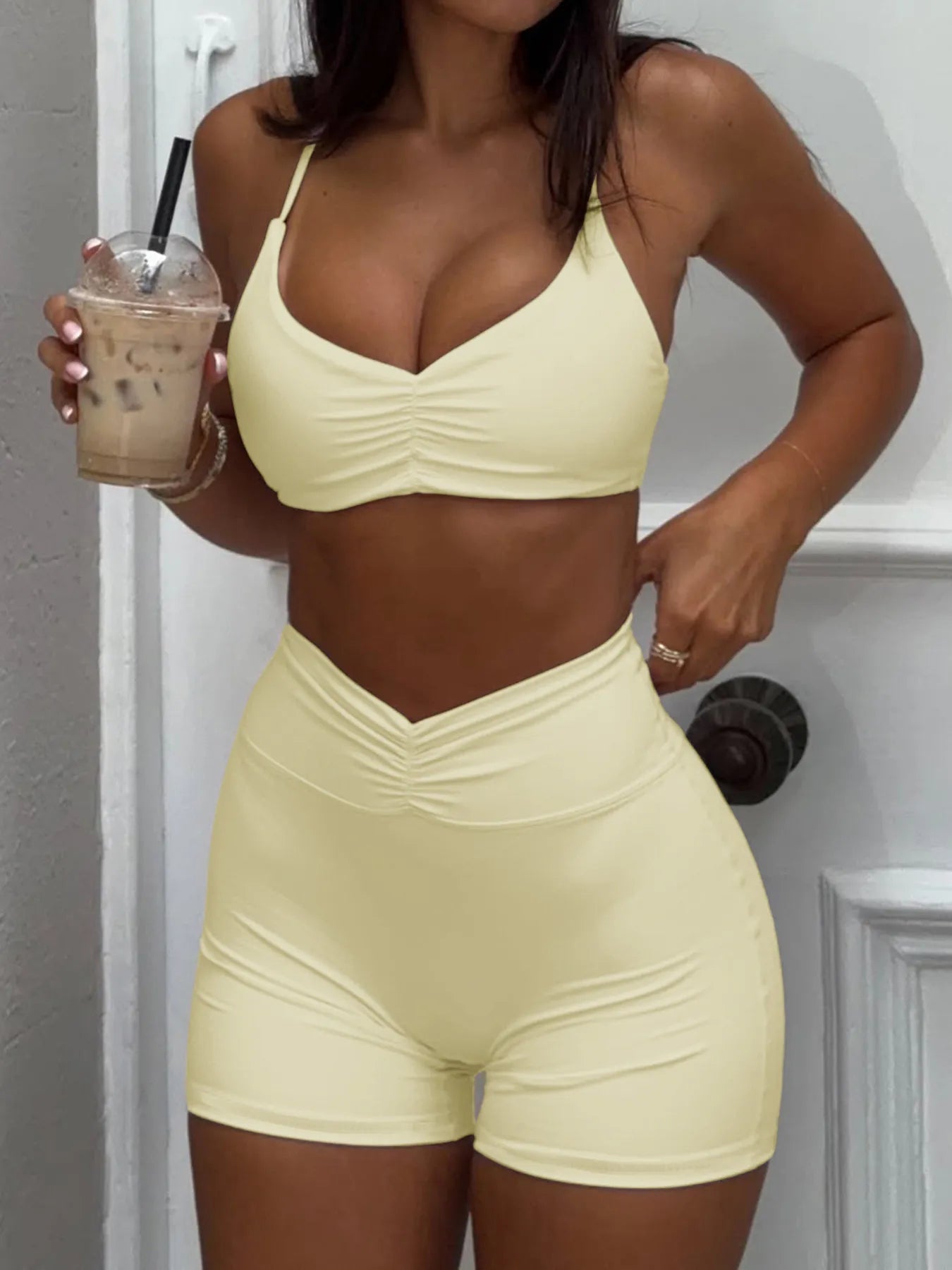 Ruched Sports Bra and High - Waisted Shorts Active Set - MAD RUFFI