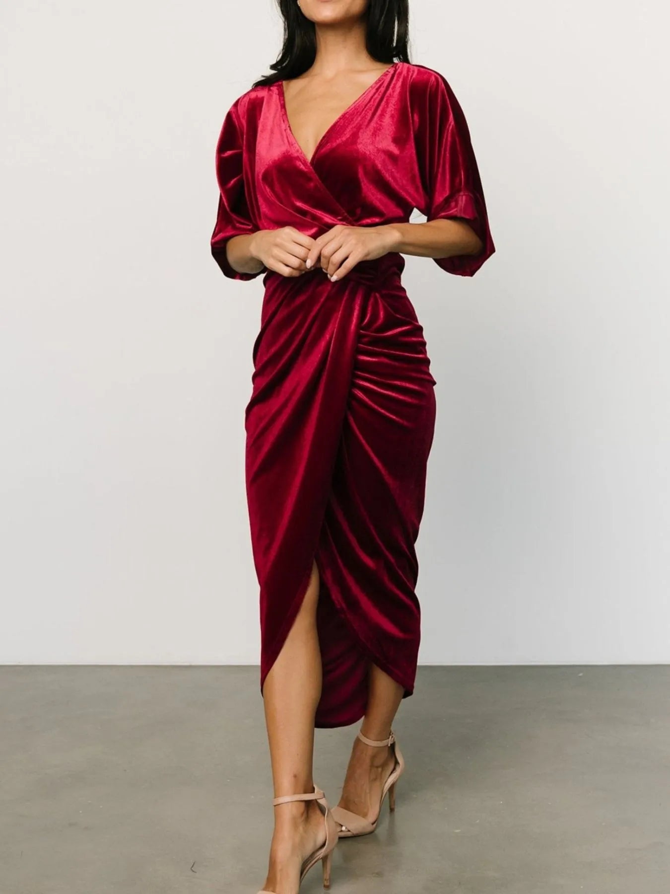 Ruched Surplice Half Sleeve Dress - MAD RUFFI