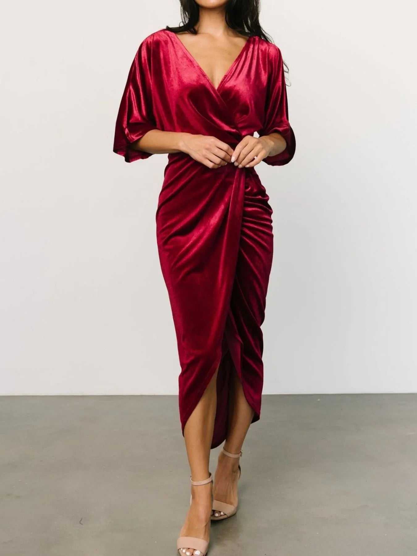 Ruched Surplice Half Sleeve Dress - MAD RUFFI