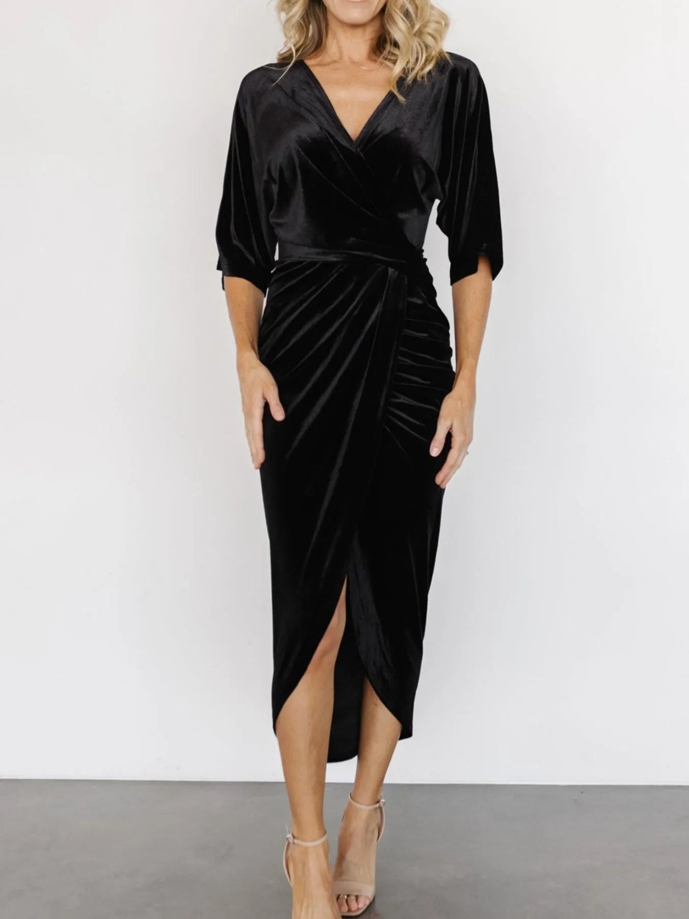 Ruched Surplice Half Sleeve Dress - MAD RUFFI