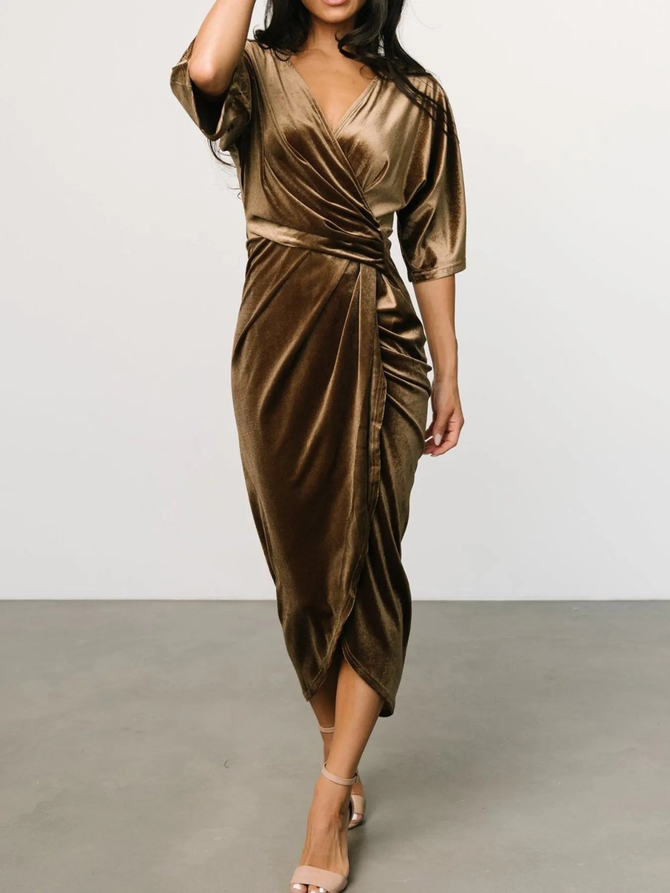 Ruched Surplice Half Sleeve Dress - MAD RUFFI