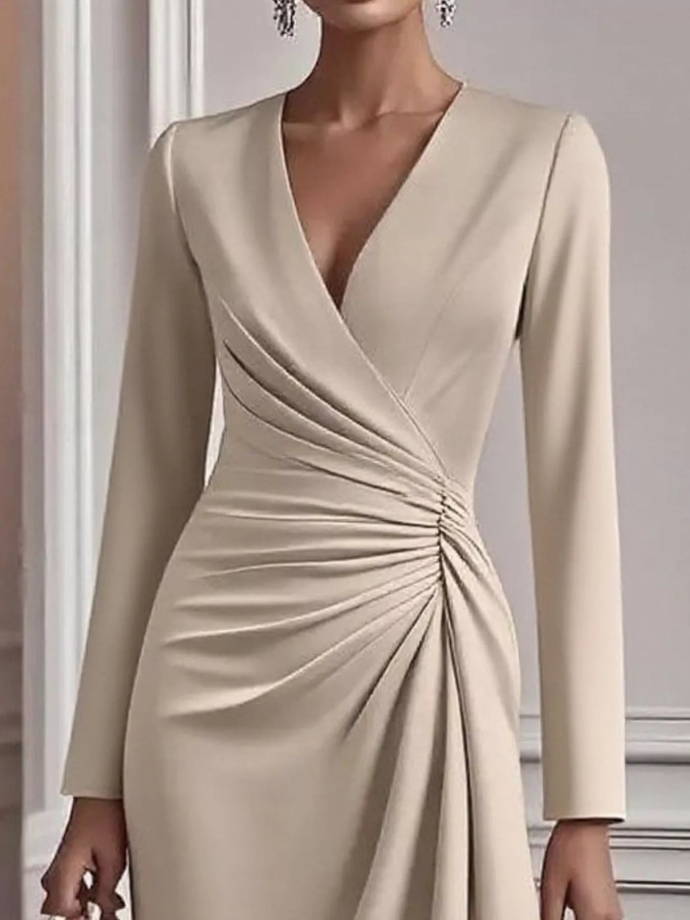 Ruched Surplice Long Sleeve Dress - MAD RUFFI