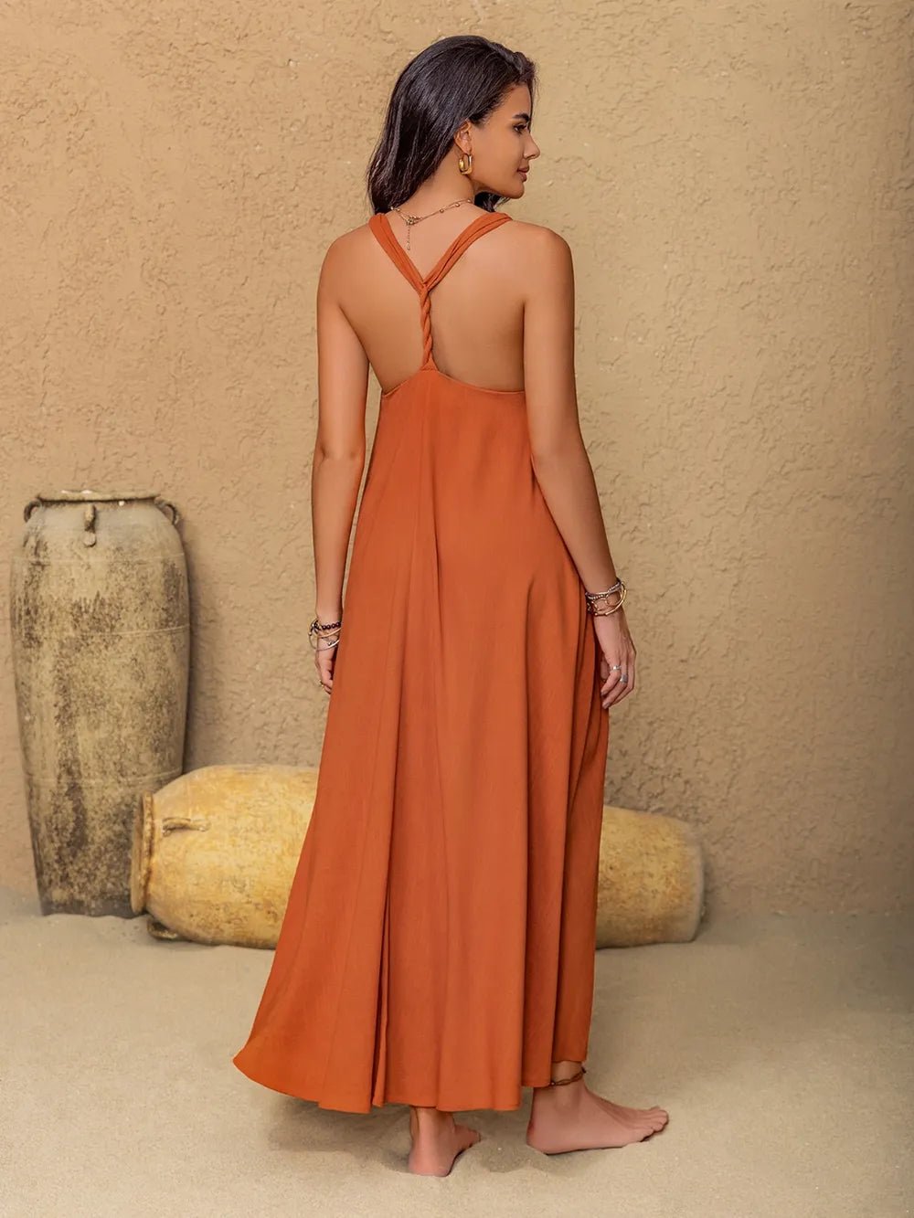 Ruched Twisted Back Sleeveless Maxi Cami Dress - MAD RUFFI