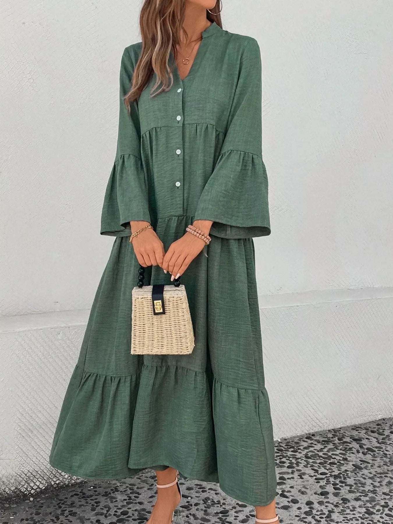 Ruffle Hem Button Front Tiered Dress - MAD RUFFI