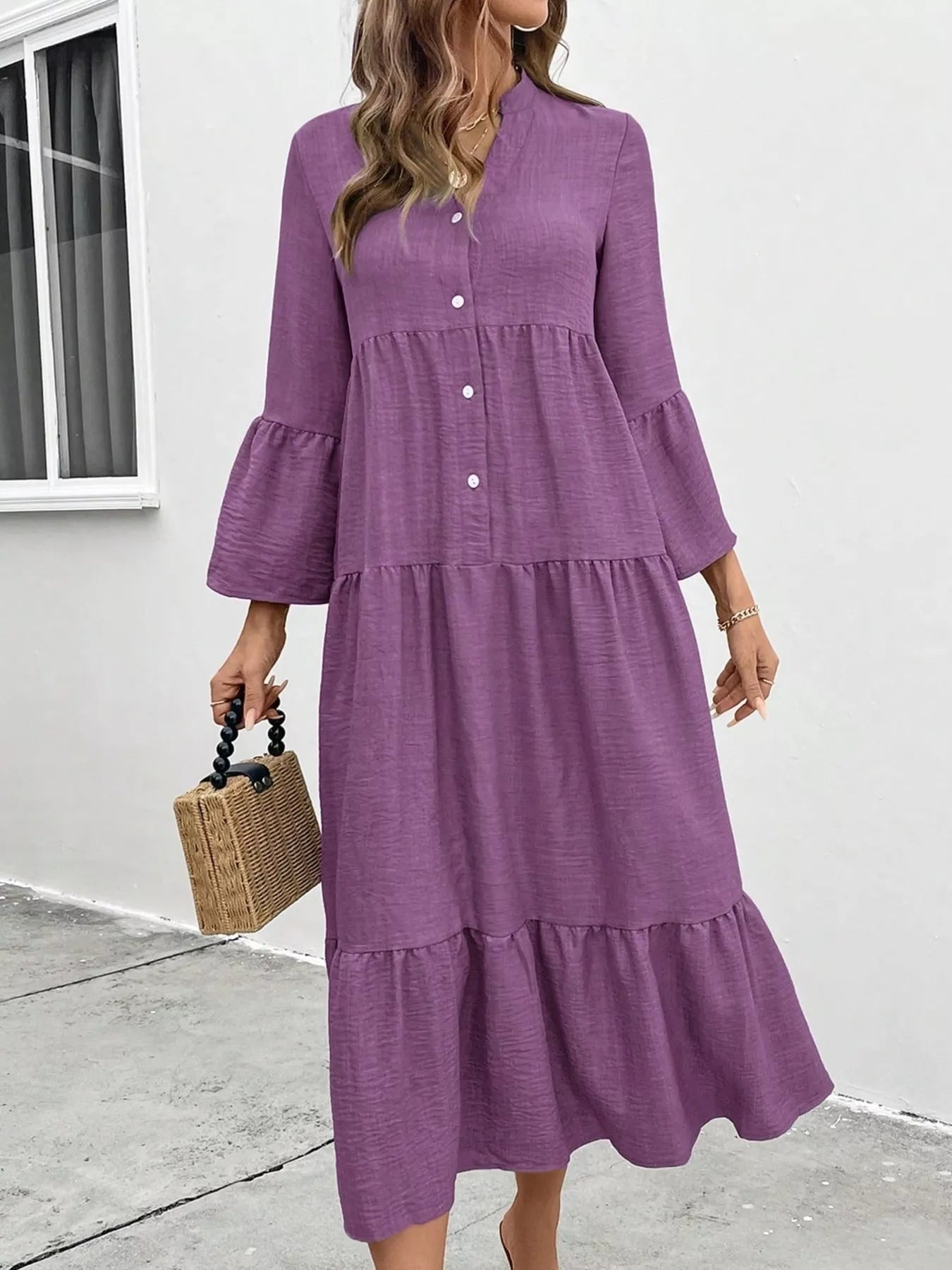 Ruffle Hem Button Front Tiered Dress - MAD RUFFI