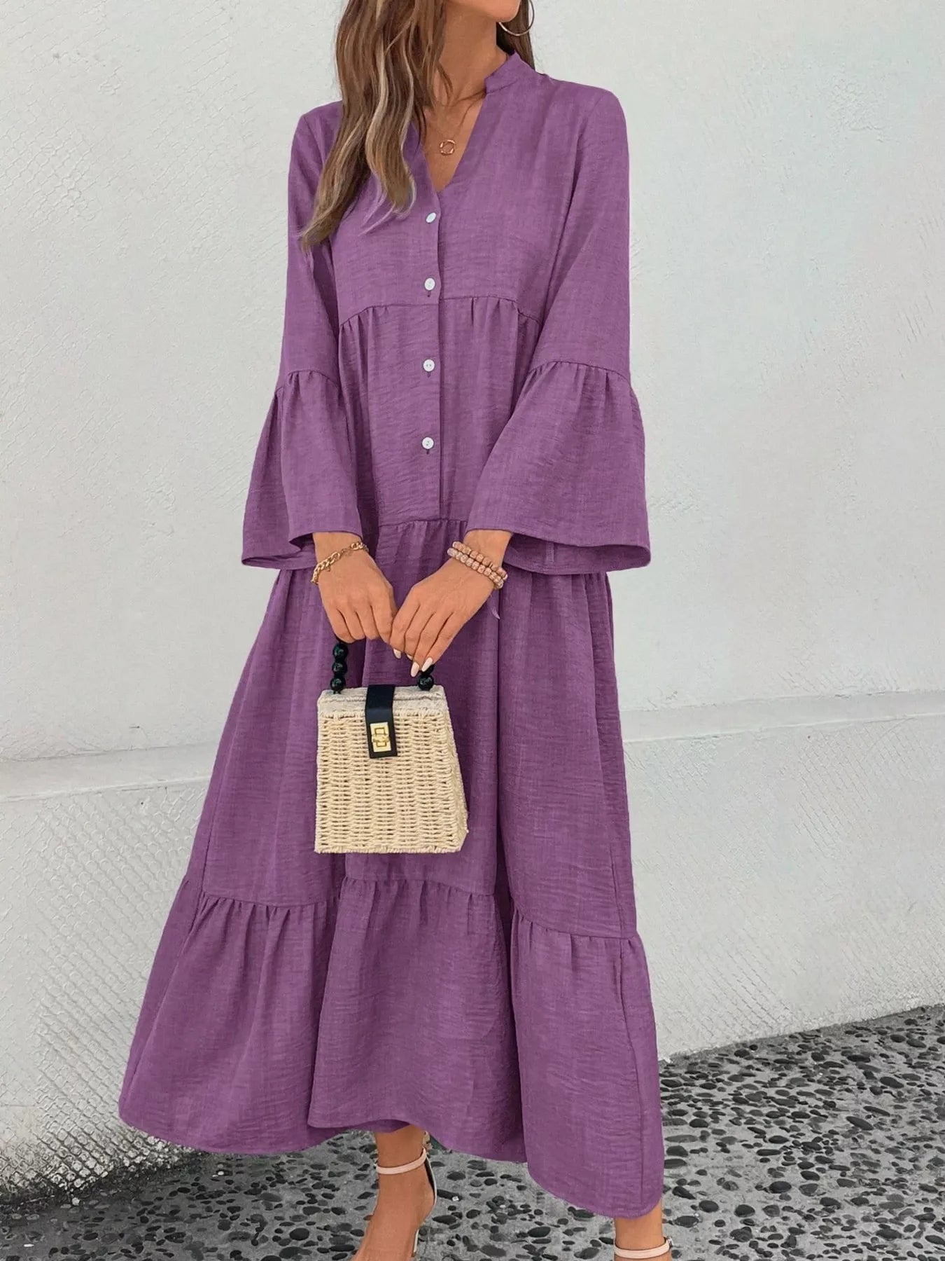 Ruffle Hem Button Front Tiered Dress - MAD RUFFI