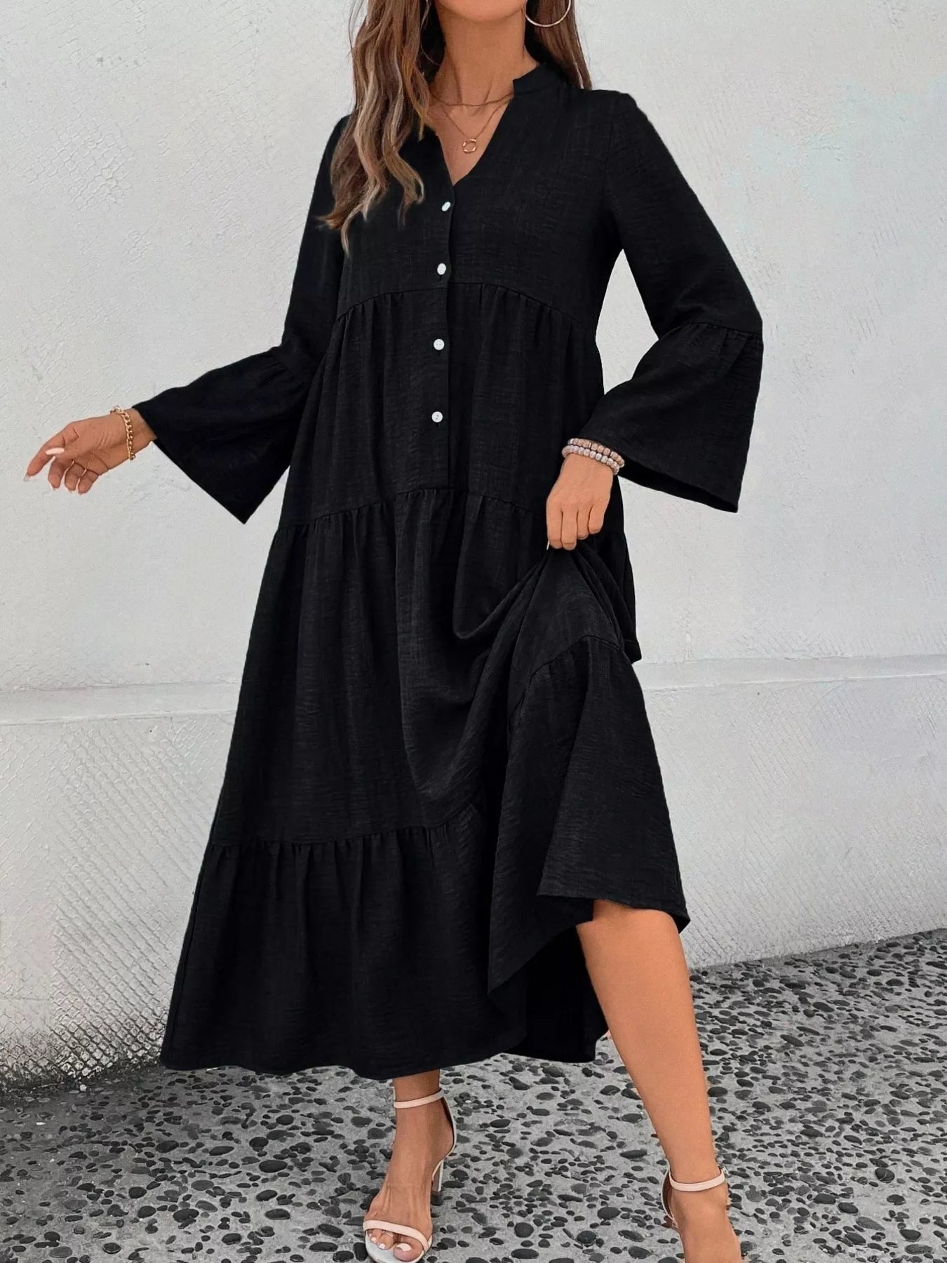 Ruffle Hem Button Front Tiered Dress - MAD RUFFI