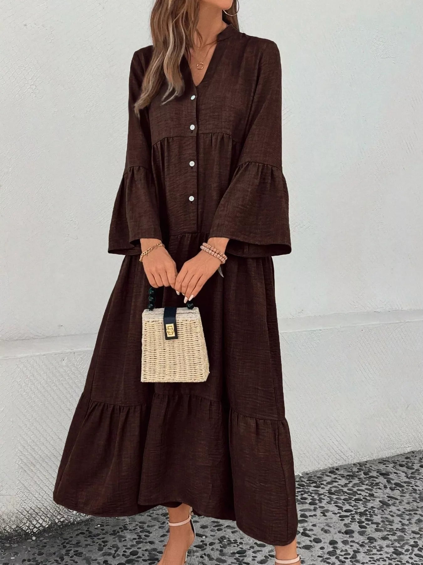 Ruffle Hem Button Front Tiered Dress - MAD RUFFI