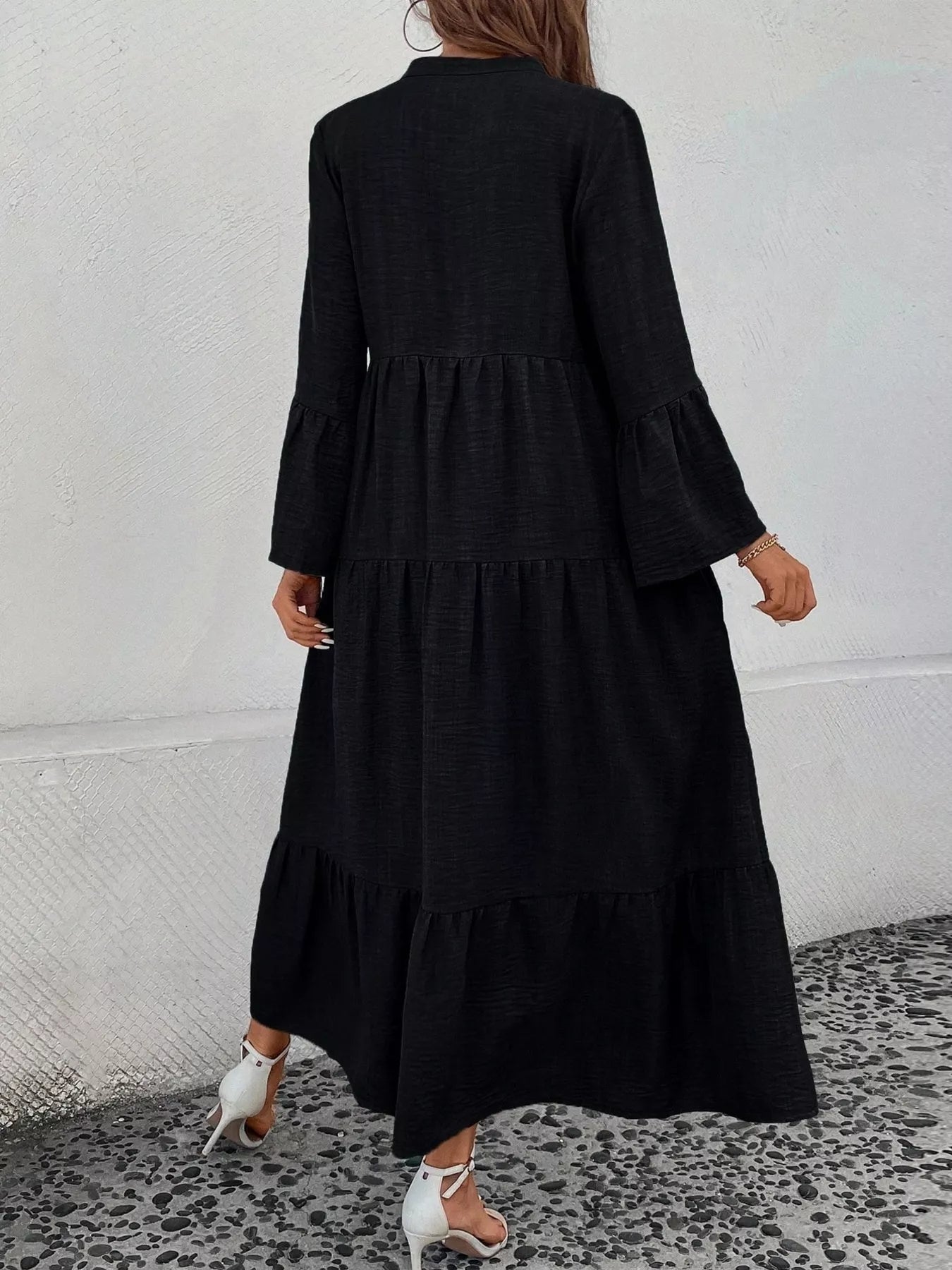 Ruffle Hem Button Front Tiered Dress - MAD RUFFI