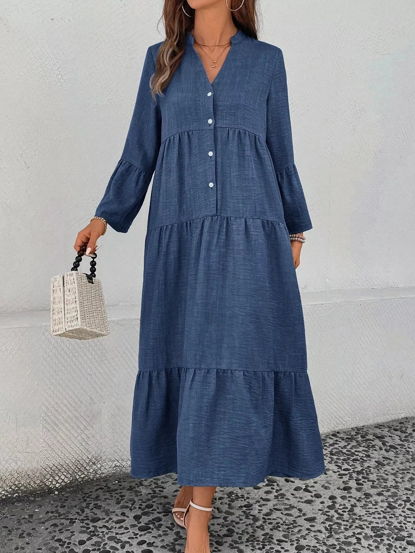 Ruffle Hem Button Front Tiered Dress - MAD RUFFI