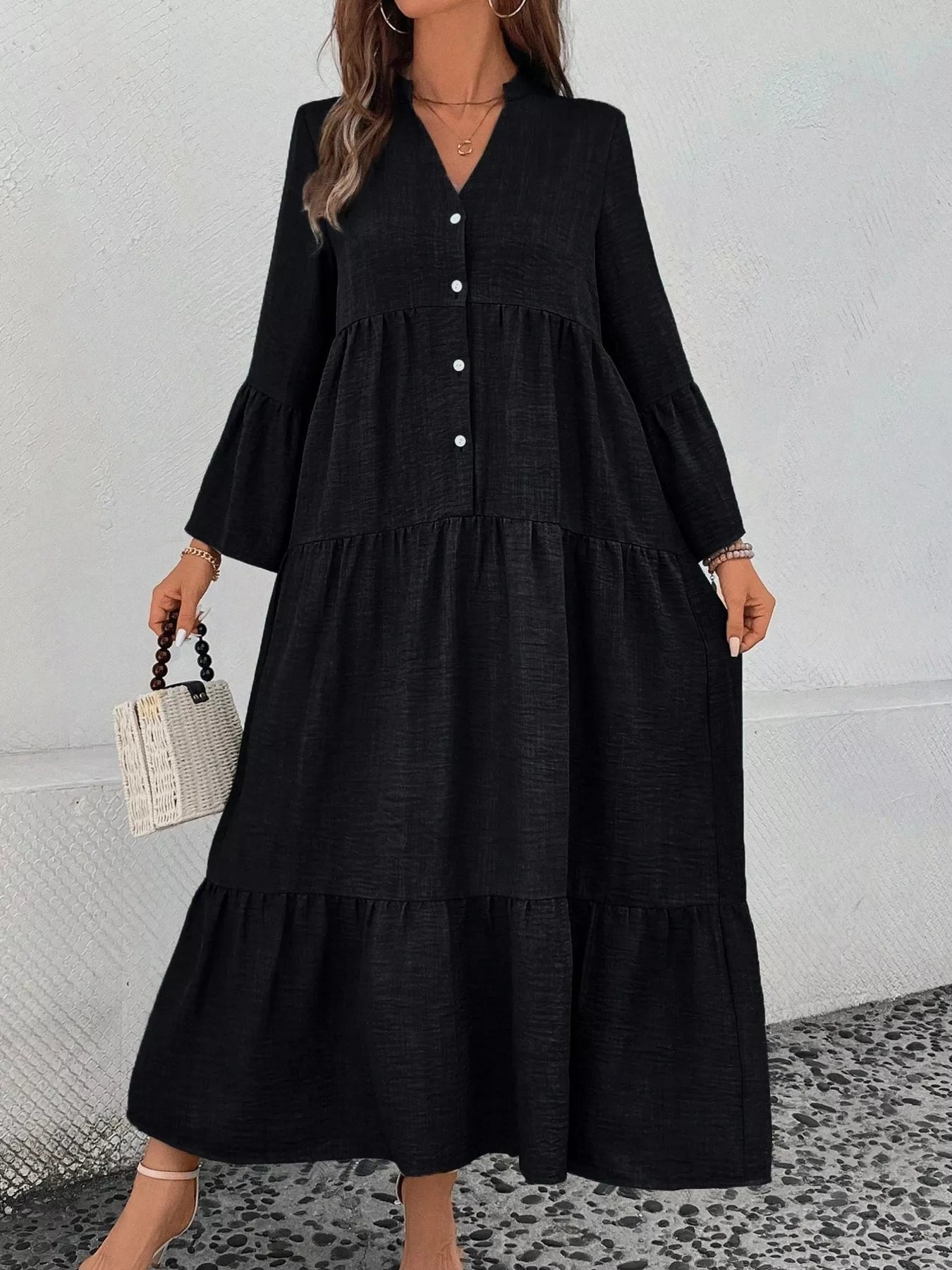 Ruffle Hem Button Front Tiered Dress - MAD RUFFI