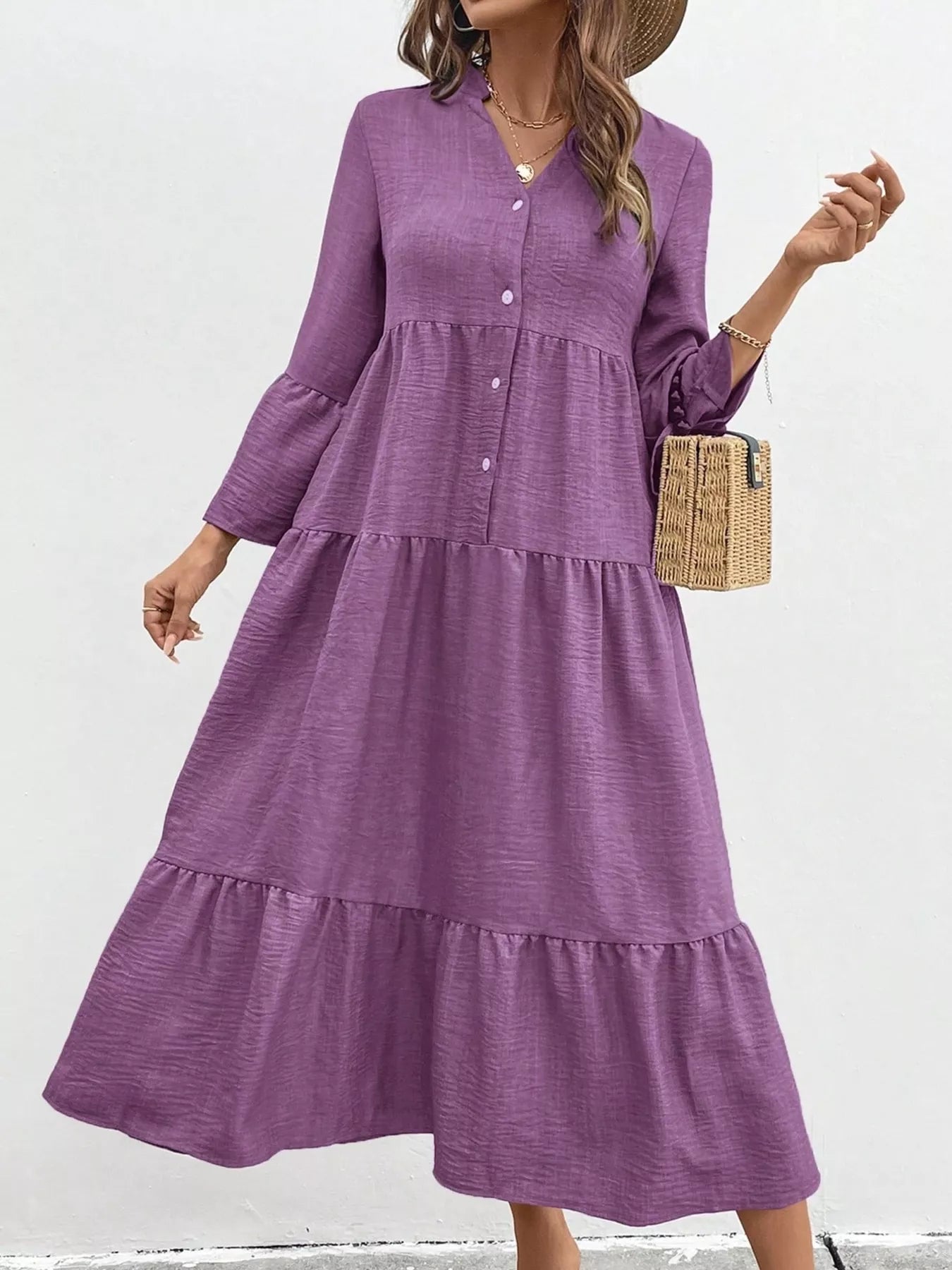 Ruffle Hem Button Front Tiered Dress - MAD RUFFI