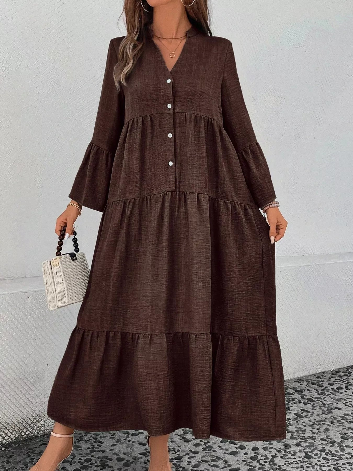 Ruffle Hem Button Front Tiered Dress - MAD RUFFI