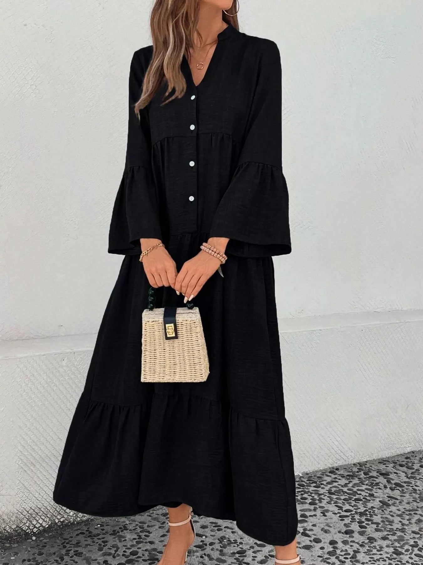 Ruffle Hem Button Front Tiered Dress - MAD RUFFI