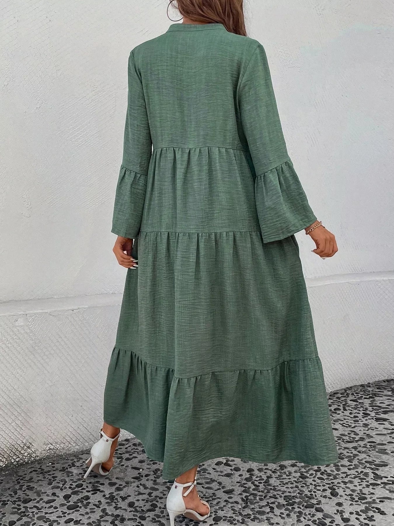 Ruffle Hem Button Front Tiered Dress - MAD RUFFI