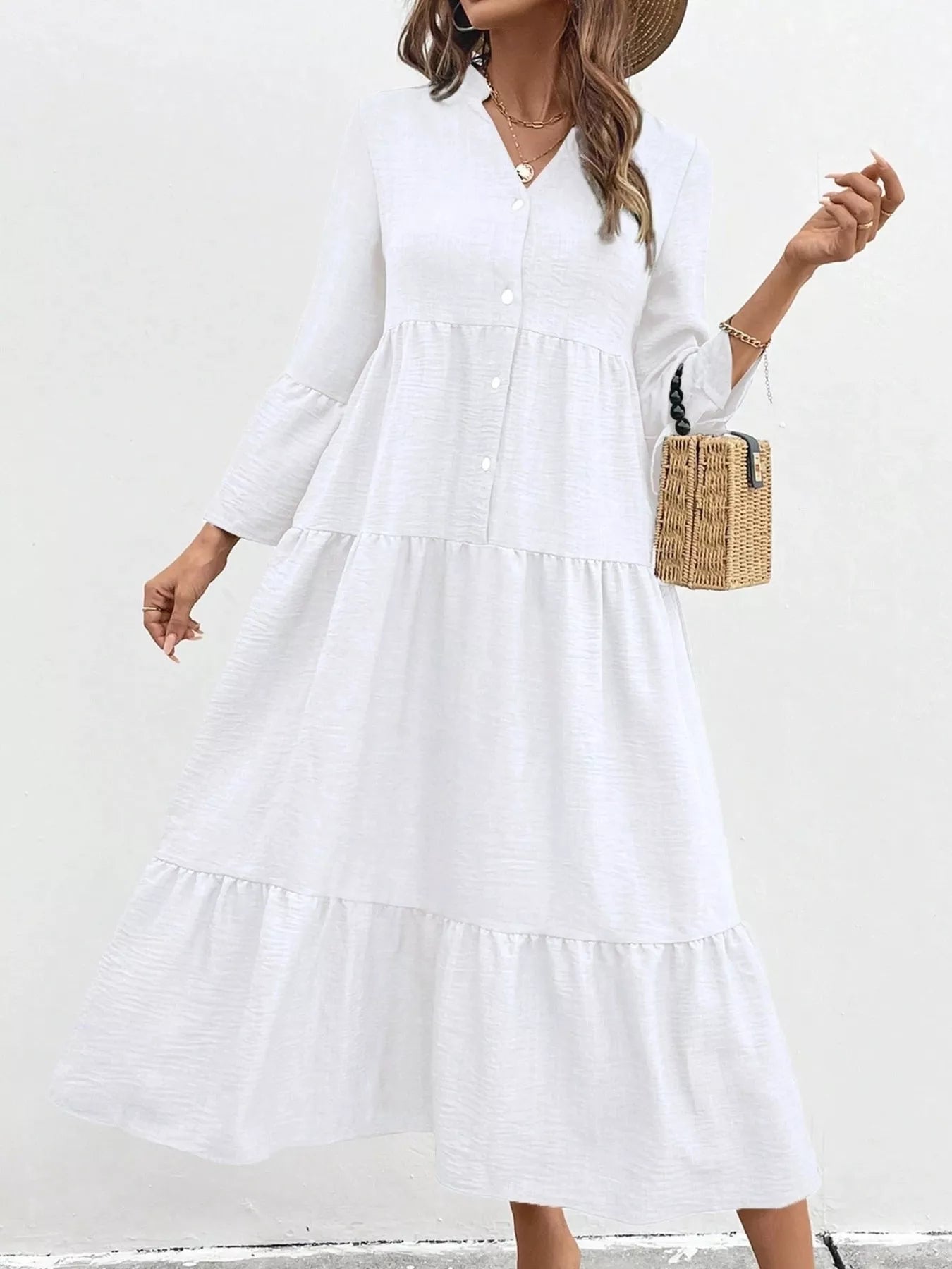 Ruffle Hem Button Front Tiered Dress - MAD RUFFI