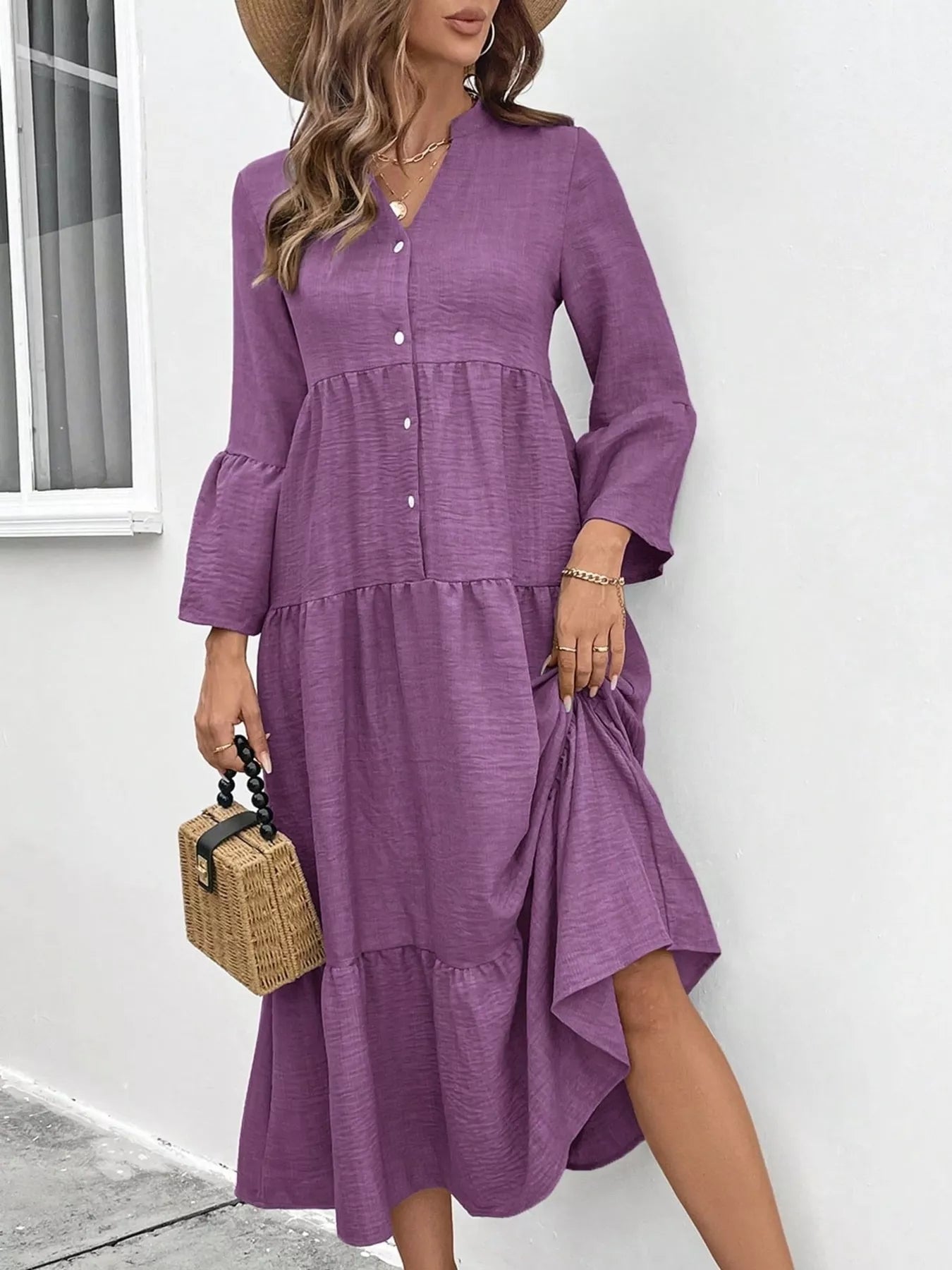 Ruffle Hem Button Front Tiered Dress - MAD RUFFI