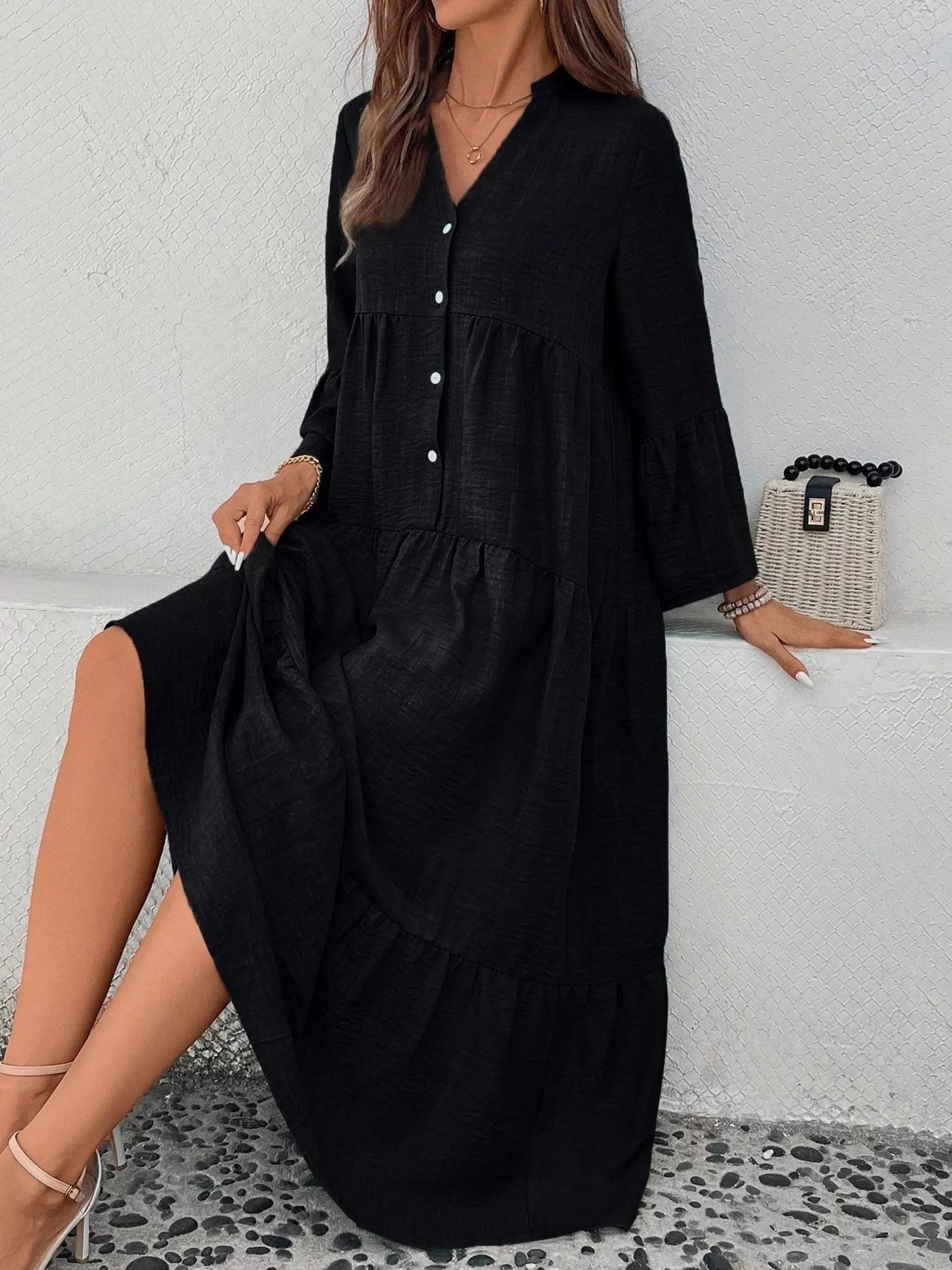 Ruffle Hem Button Front Tiered Dress - MAD RUFFI