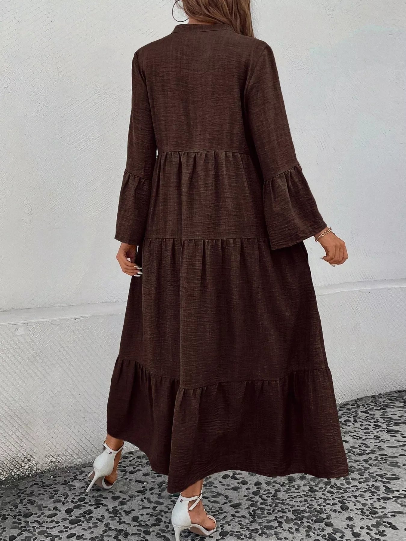 Ruffle Hem Button Front Tiered Dress - MAD RUFFI