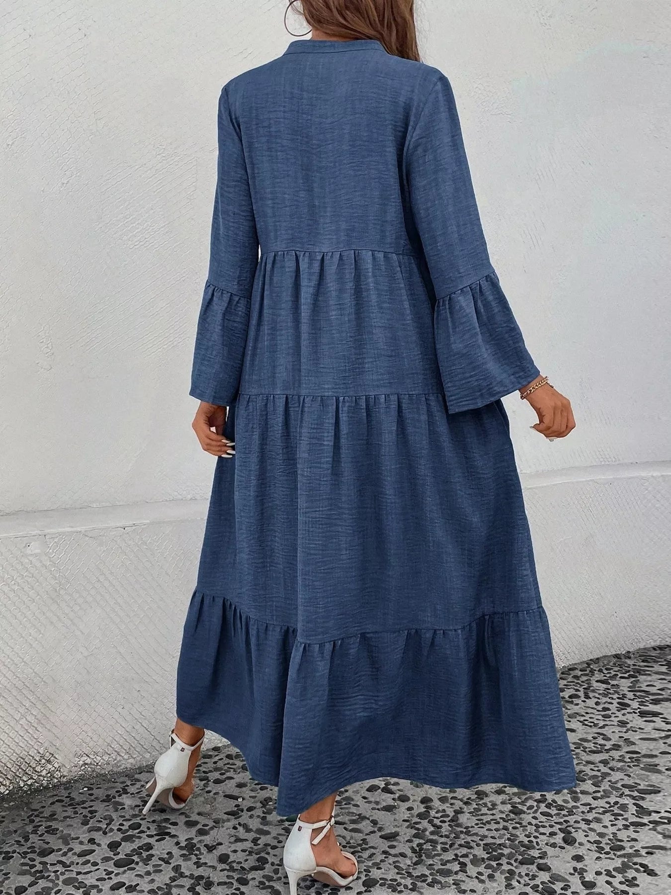 Ruffle Hem Button Front Tiered Dress - MAD RUFFI