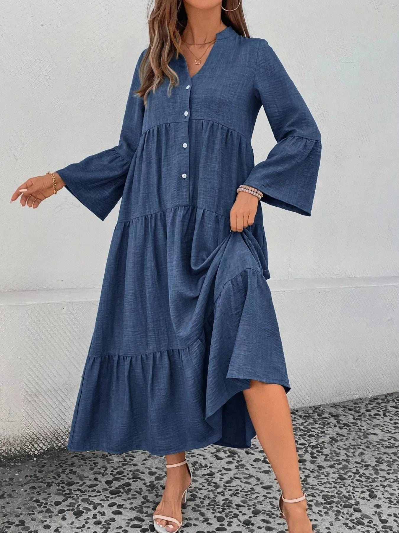 Ruffle Hem Button Front Tiered Dress - MAD RUFFI