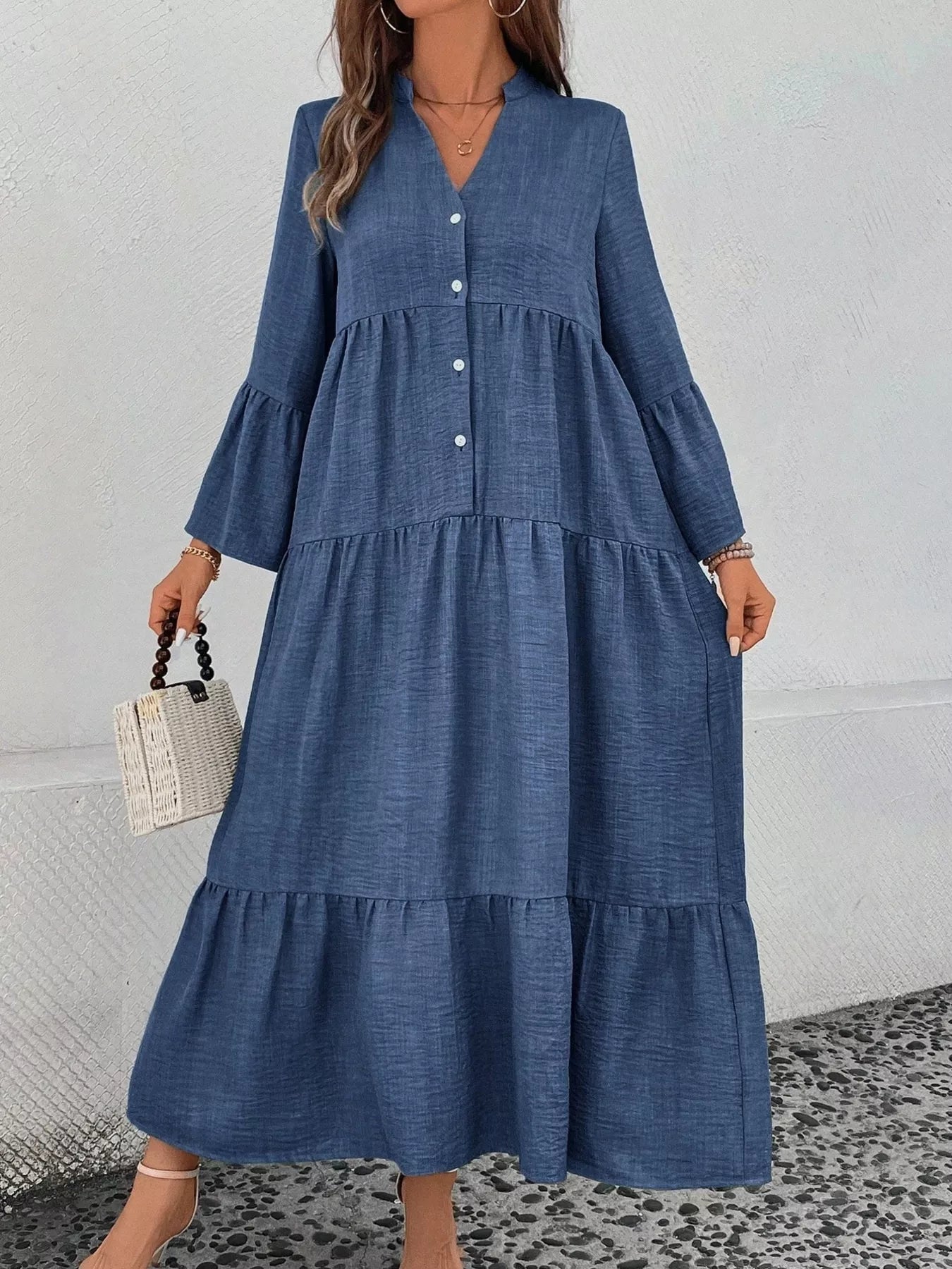 Ruffle Hem Button Front Tiered Dress - MAD RUFFI