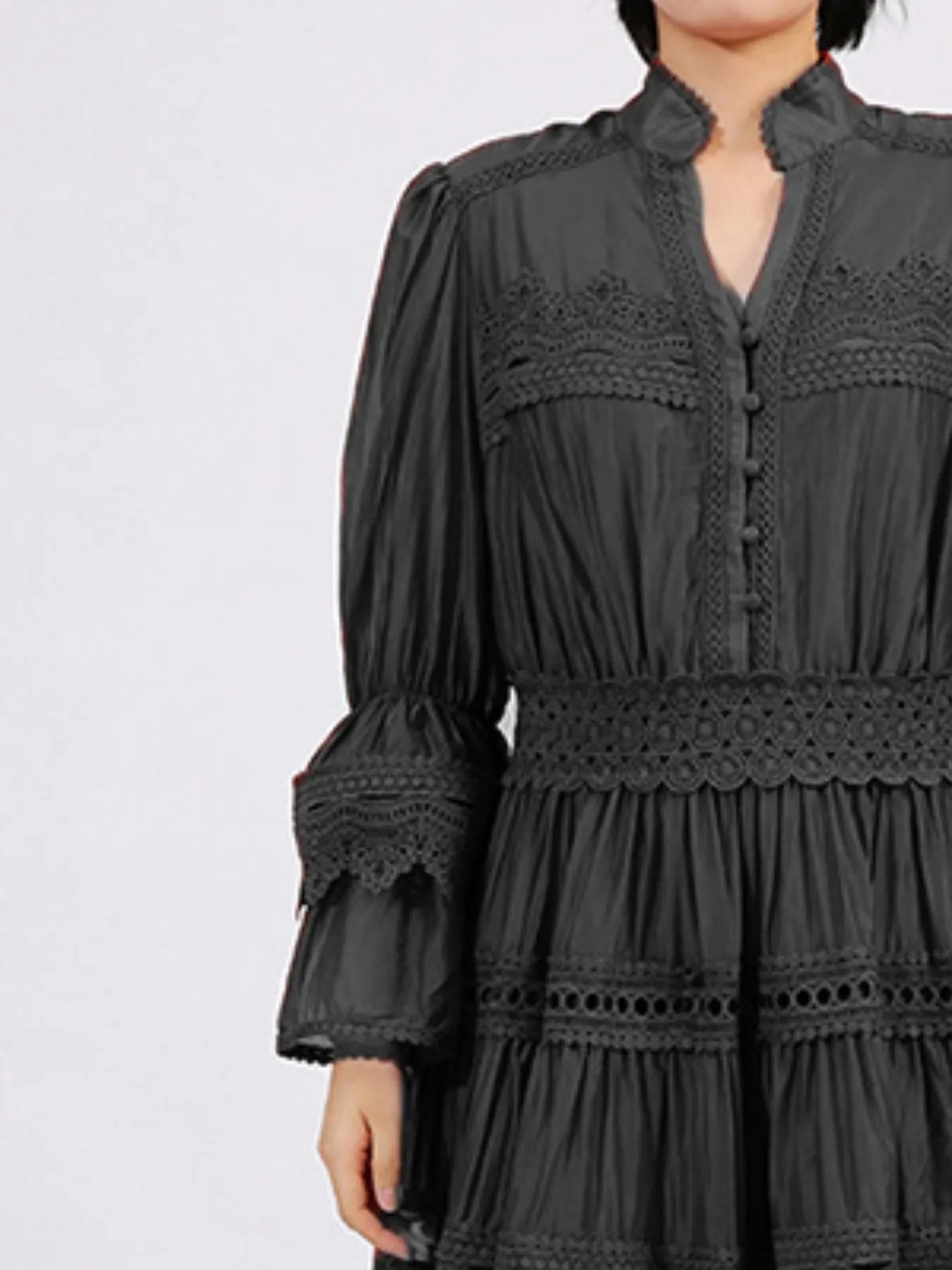 Ruffle Lace Trim Long Sleeve Dress - MAD RUFFI