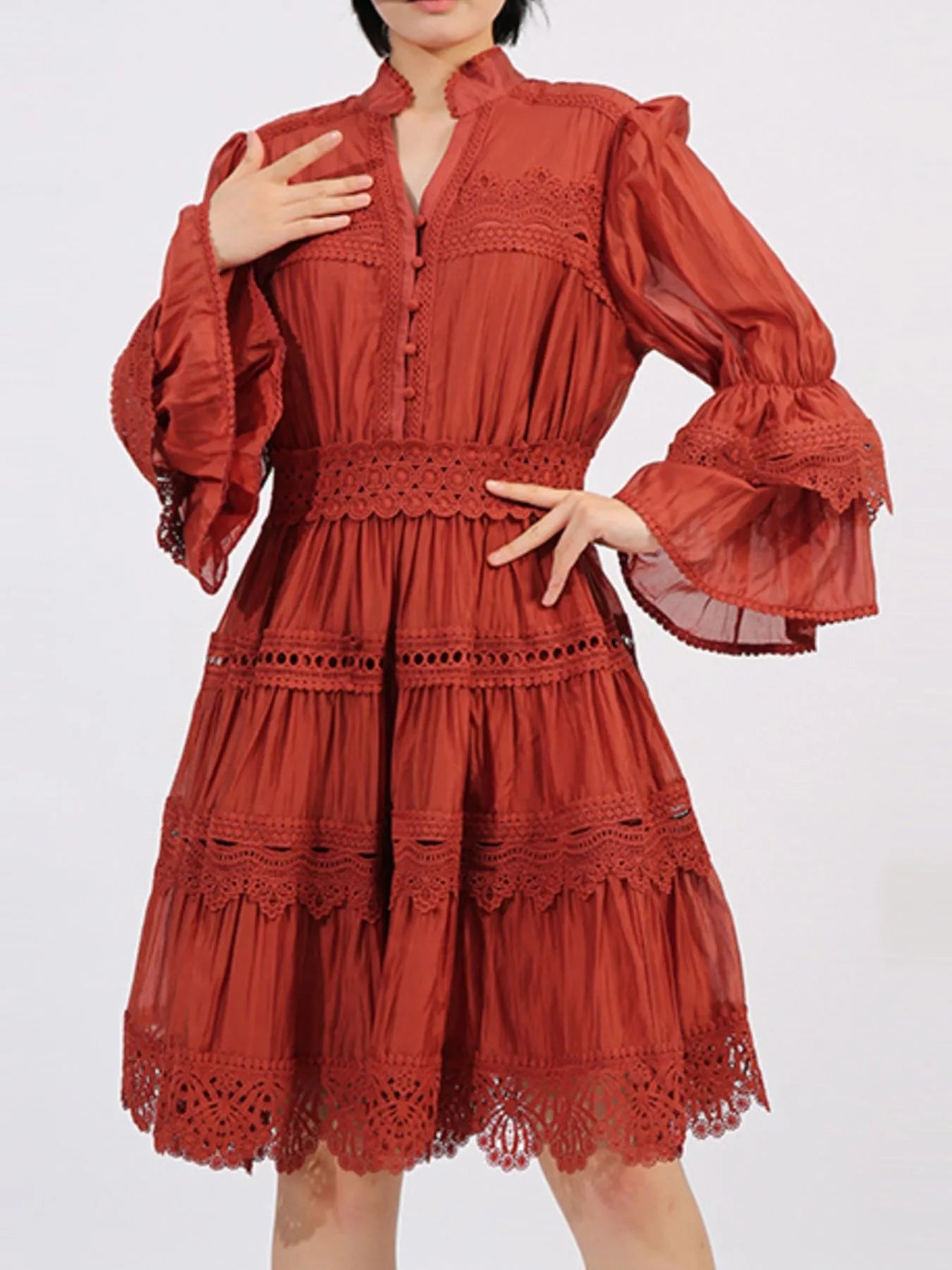 Ruffle Lace Trim Long Sleeve Dress - MAD RUFFI