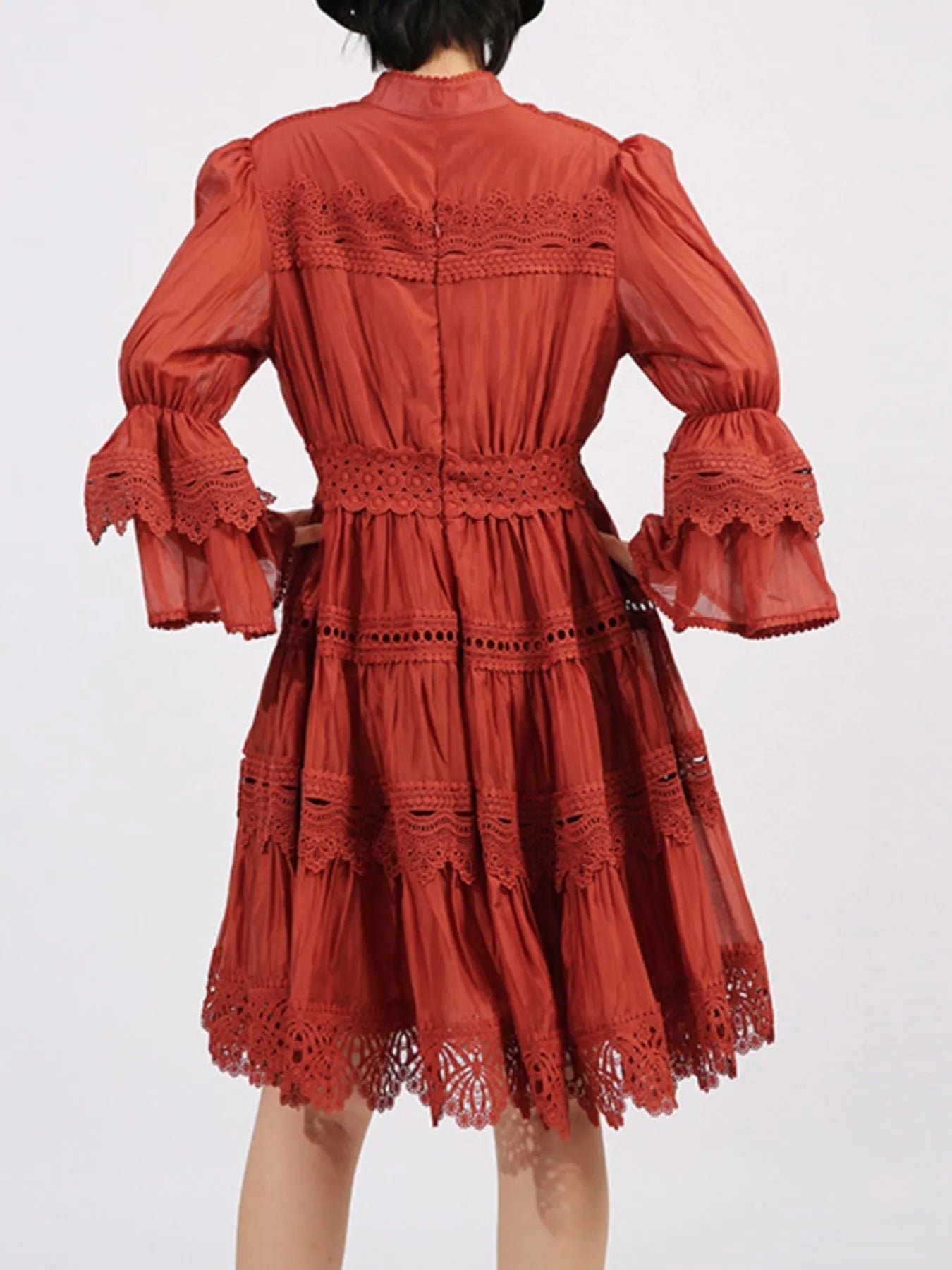 Ruffle Lace Trim Long Sleeve Dress - MAD RUFFI