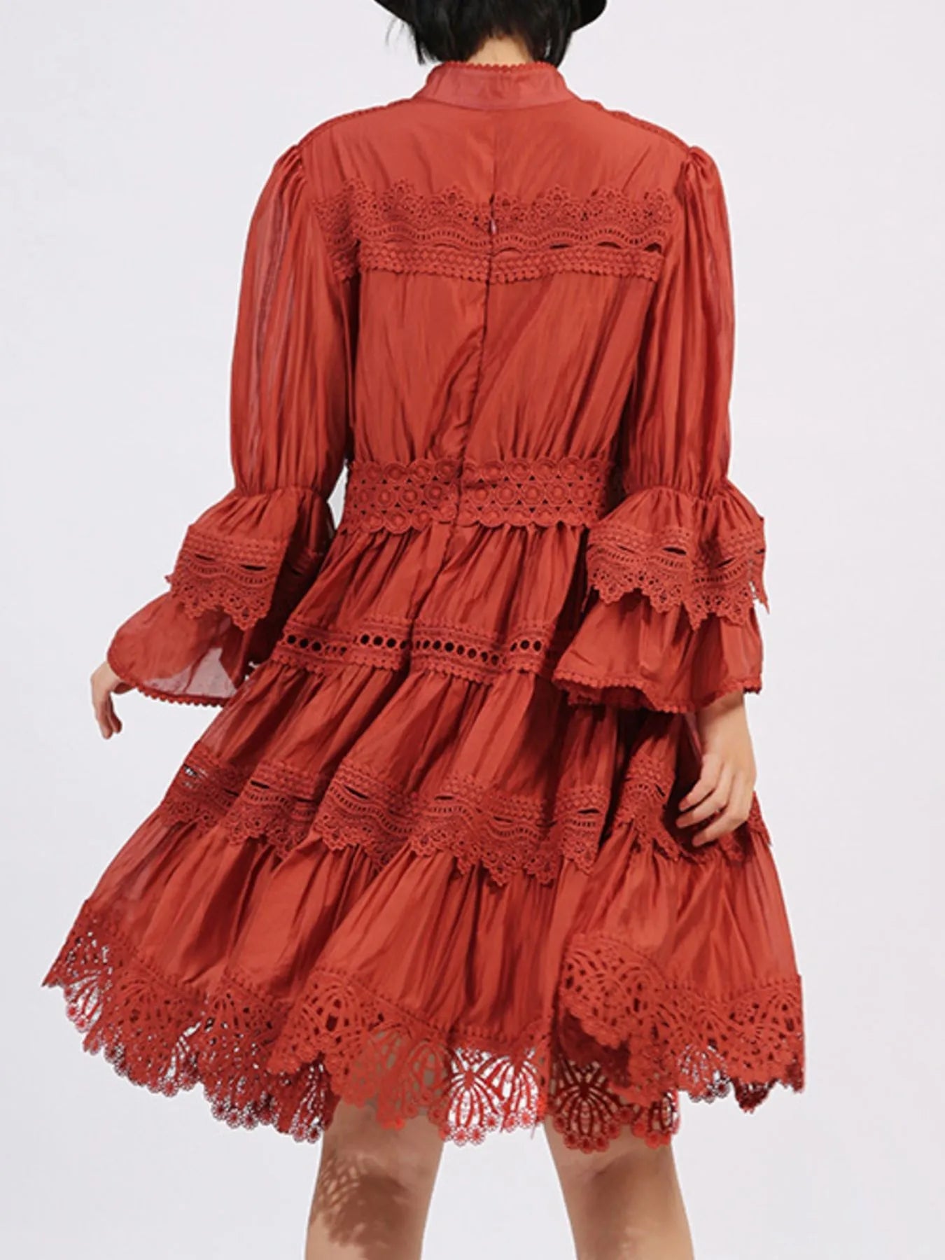 Ruffle Lace Trim Long Sleeve Dress - MAD RUFFI